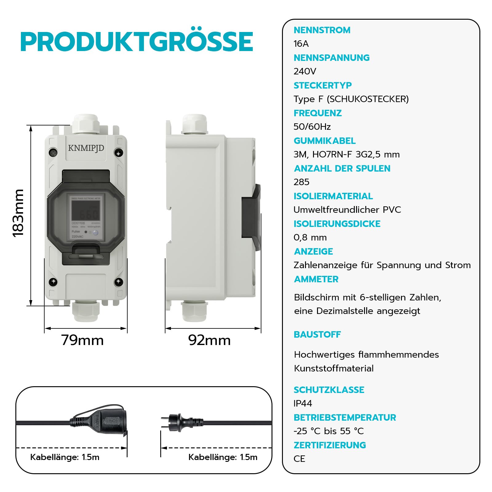 Mobiler Digitaler Stromzähler, 230V LED-Zwischenzähler mit Speicher/Reset