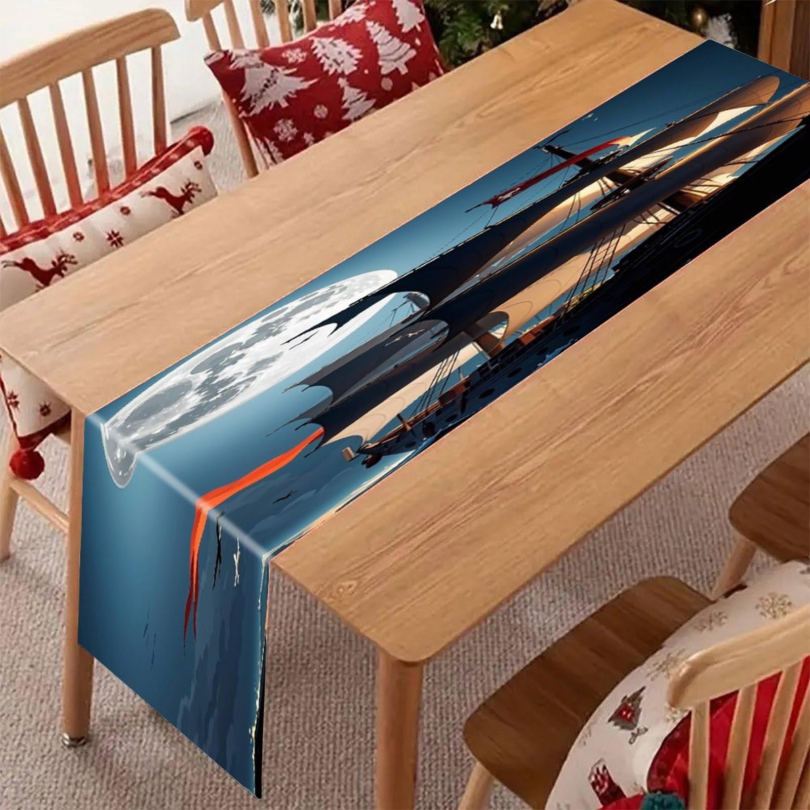 Pirate Sailboat Full Moon Table Runner Modern Art Farmhouse Linen Table Runner Dresser Scarf Seasonal Kitchen Dining Table Decoration Dresser Scarves for Home Party Decor 13x70 Inch