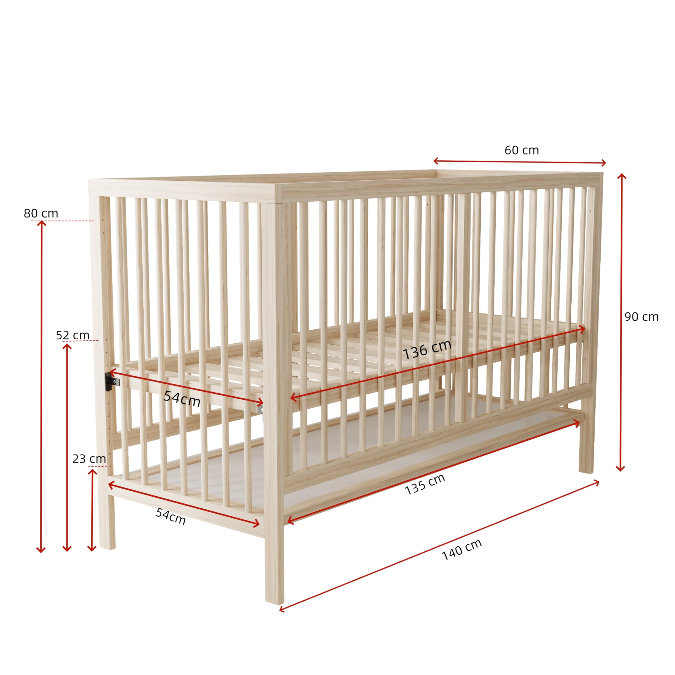 Holz Babybett, multifunktionales Babybett, umwandelbar in Nebenbett/Malerbrettständer/Schreibtisch, höhenverstellbar, ohne Matratze, aus Fichte, naturfarben, 140x60x90cm