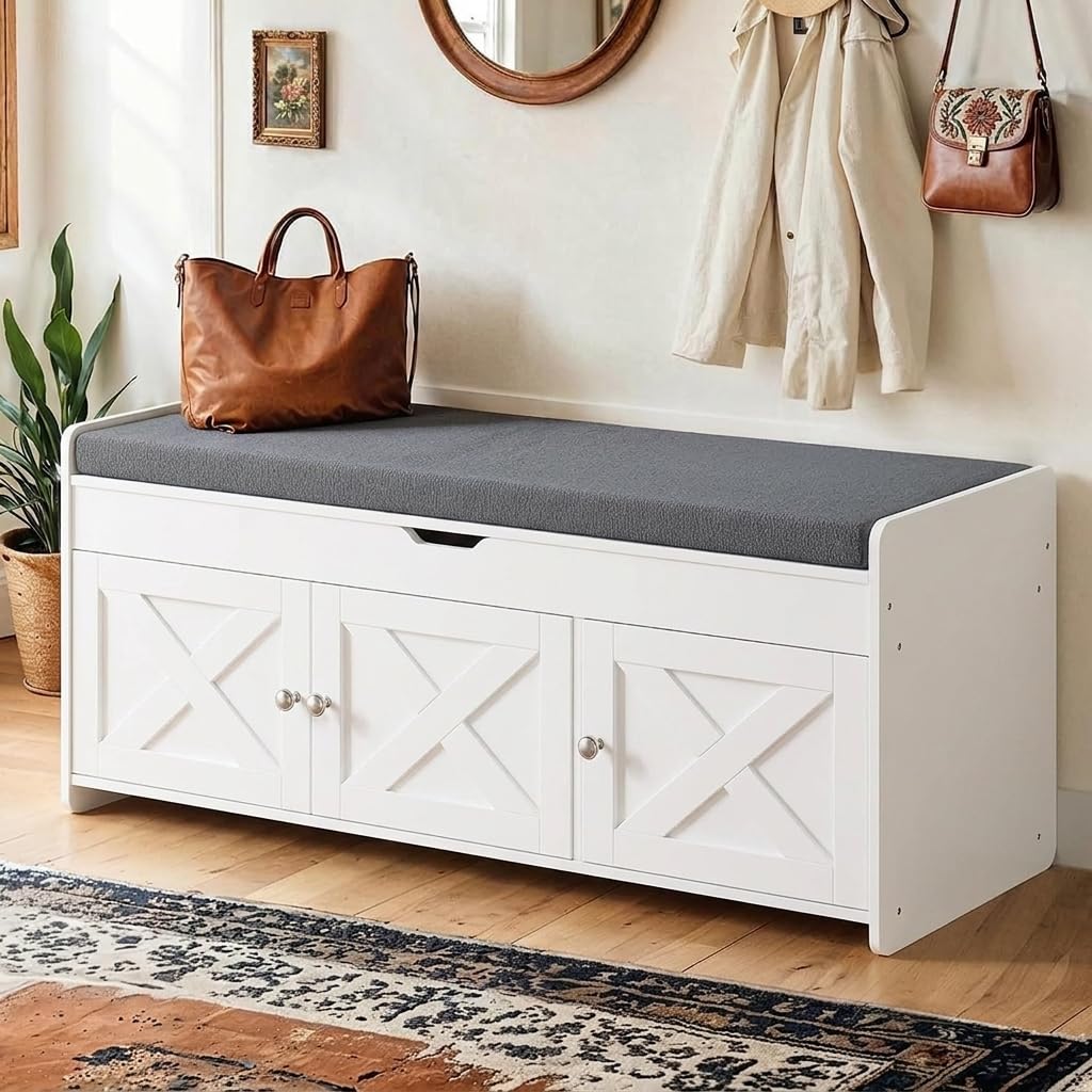 Amada 39.4' Shoe Storage Bench, Entryway Bench with Cushioned Seat, White