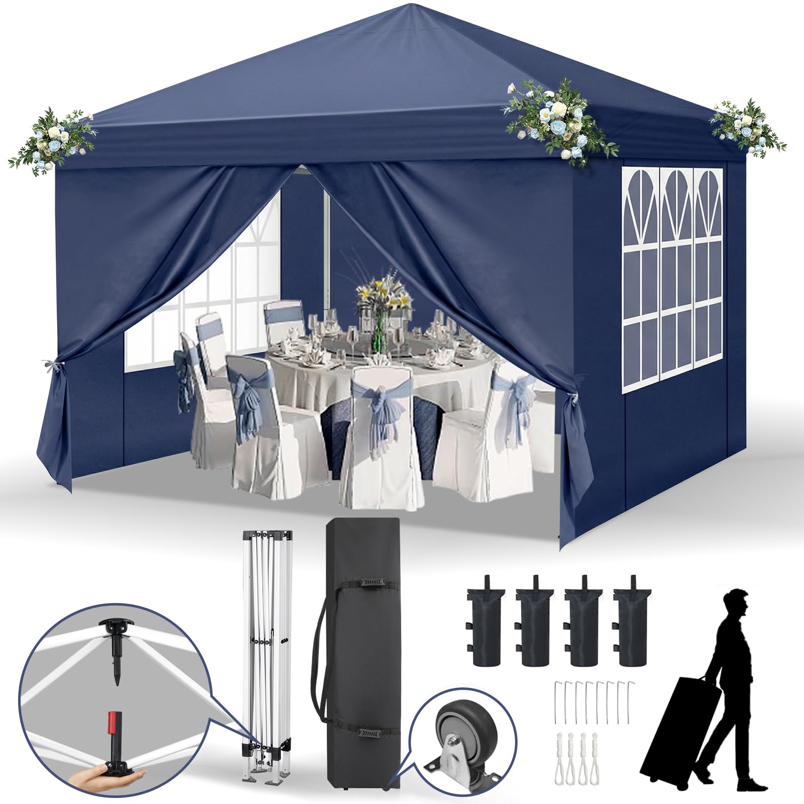 LEADZM Pavillon 3x3 m,Pop-Up Faltpavillon One-Touch, Metallrahmen,Wasserdicht UV-Schutz 50+ Stabil, Höhenverstellbar,Gartenzelt Partyzelt mit 4 Seitenteilen für Camping,Party,Blau