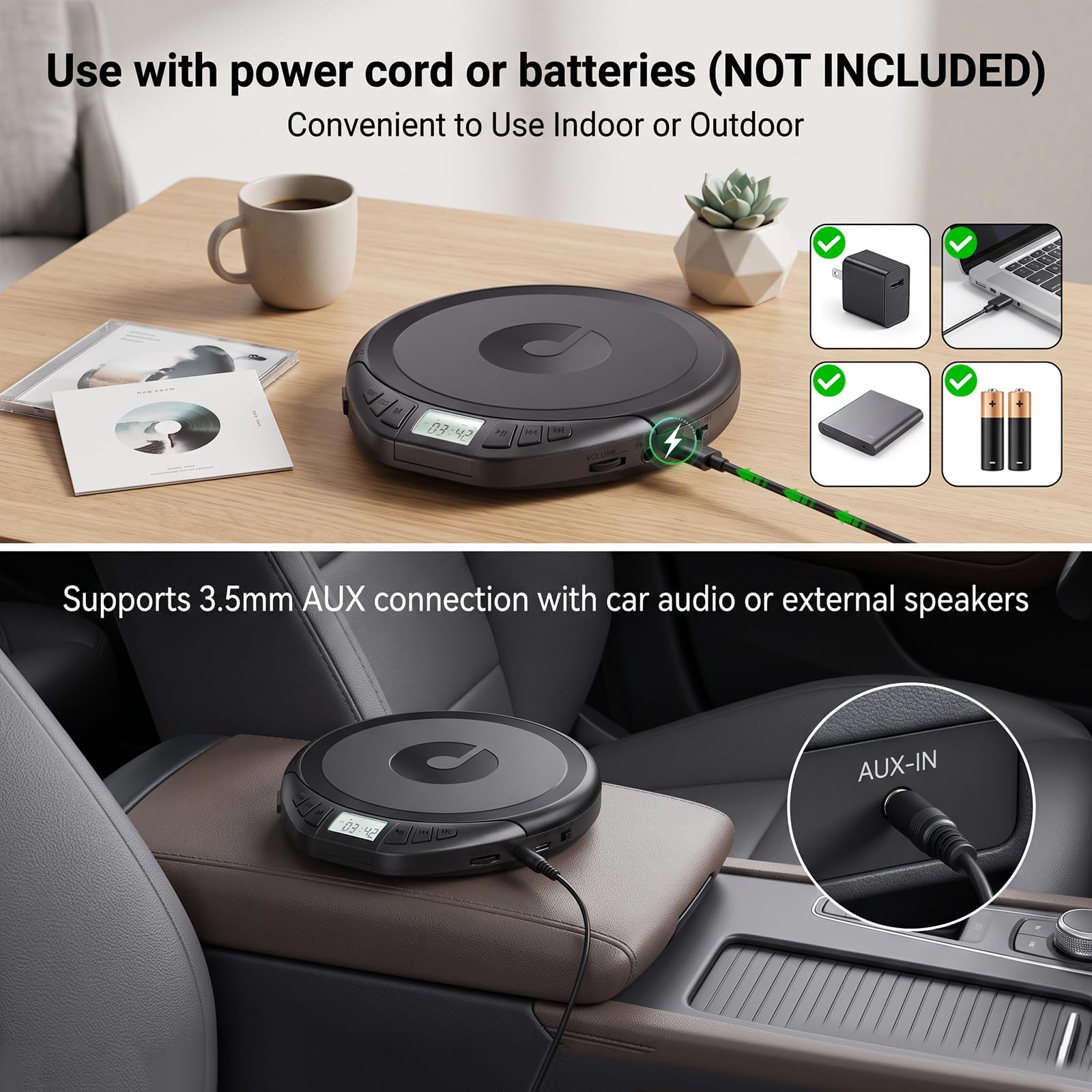 Gueray Lecteur CD portable avec écouteurs Lecteur CD pour voiture