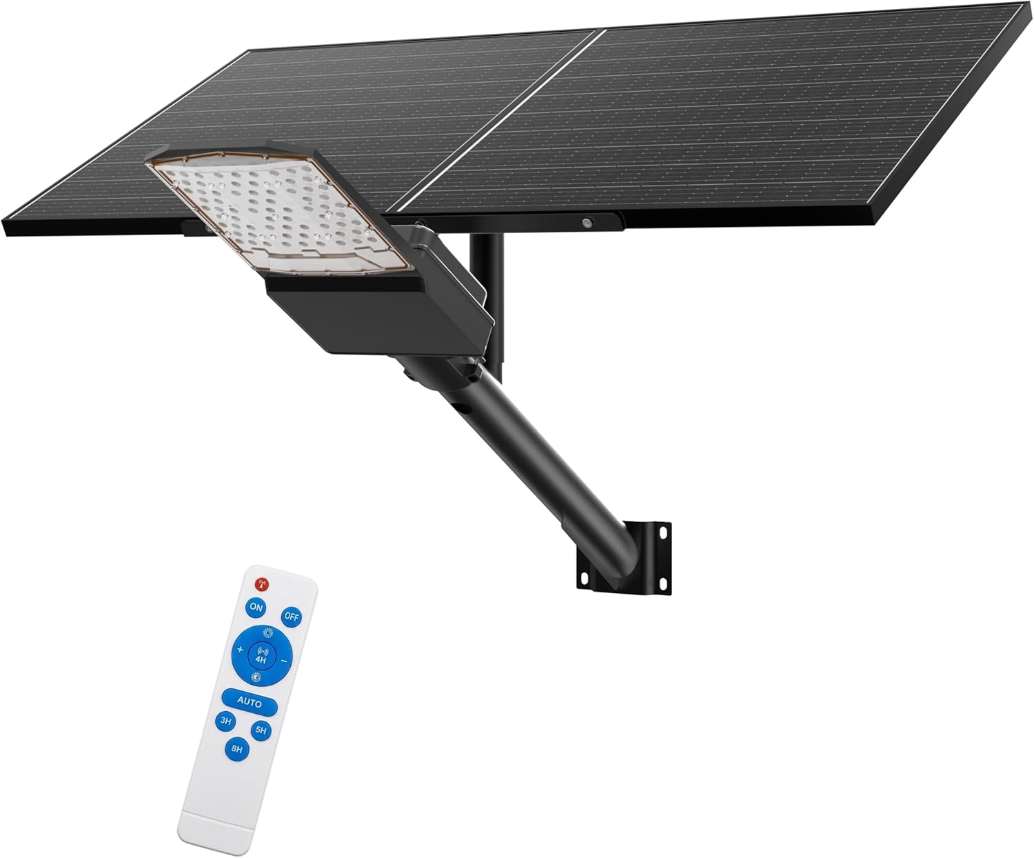 Long Lasting Solar Street Lights LZ-21000W,Dusk to Dawn,Super Bright Street Light,85000mAh Battery,2x60W Solar Panels,Outdoor Flood Lights,Waterproof,Parking lot Light 6500K