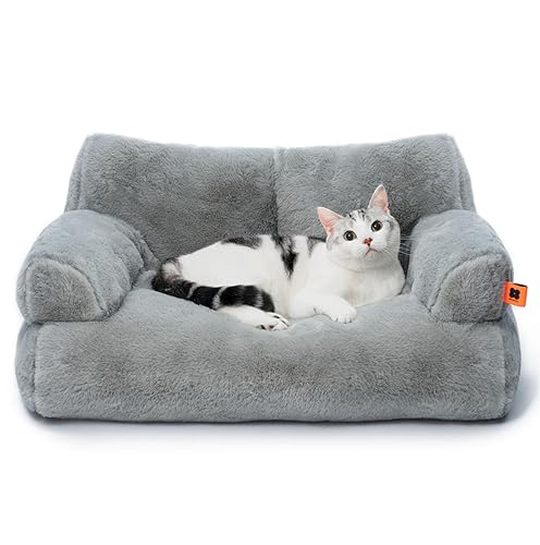 MEWOOFUN groß Katzenbett kleines Hundesofa Flauschig und waschbar Katzensofa Hundebett für Katzen, weich Katzenbett katzencouch mit Rutschfester Unterseite, Grau 66x48cm - L 66 x B 48 x H 33 cm - Grau