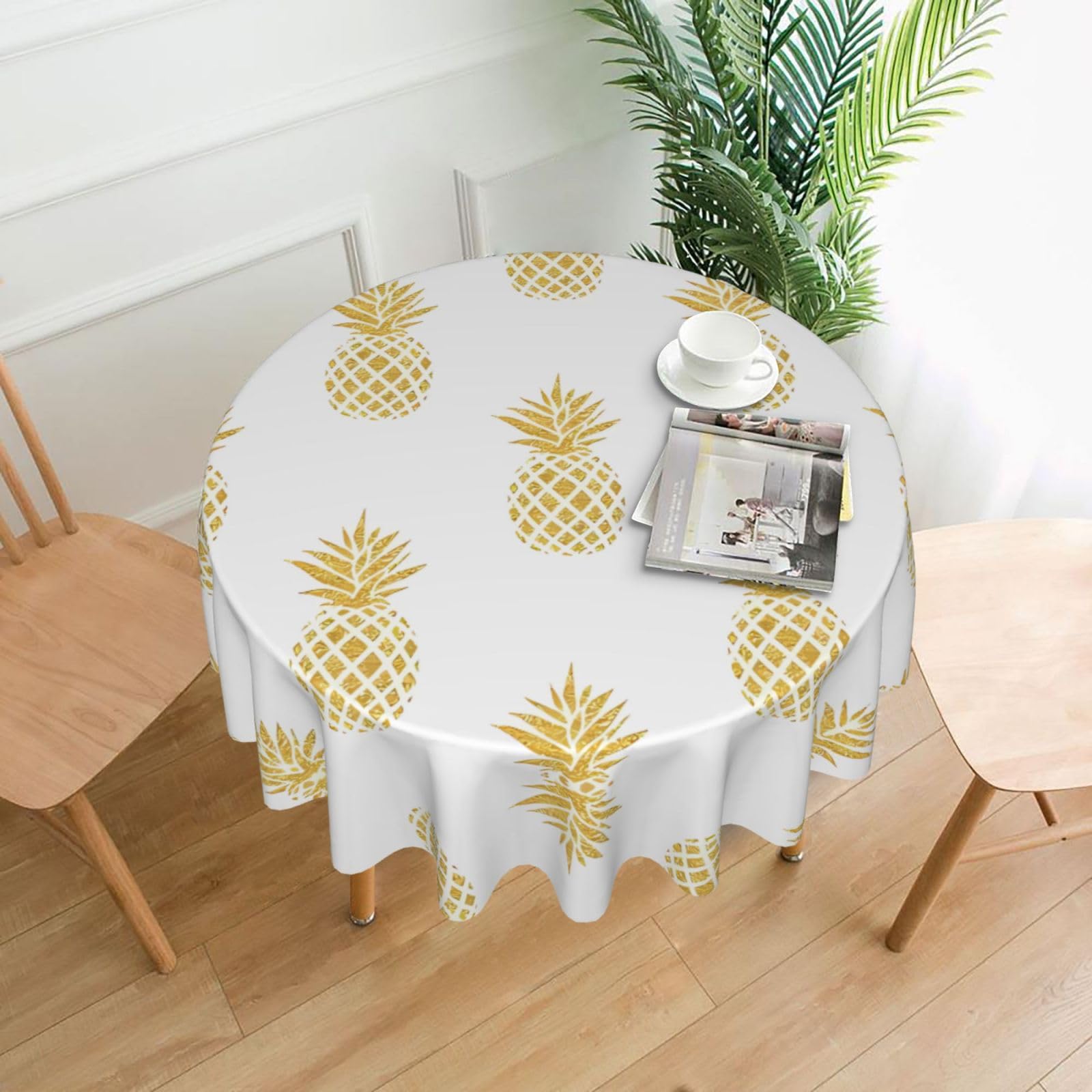 hhxvcv Gold Pineapple Background Round Tablecloth – Dining Table Cover