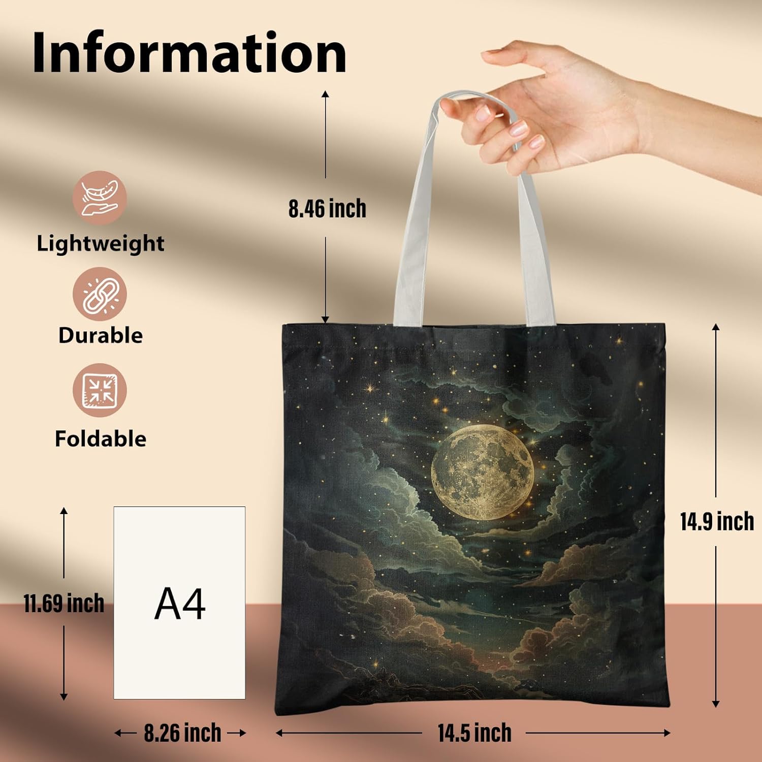 Mystical Celestial Moon and Stars Tote Bag, Enchanting Starry Night Sky Canvas Tote Bags for Women, Dark Academia Tote Bag, Reusable Grocery Bags Shopping Bags - Image 6
