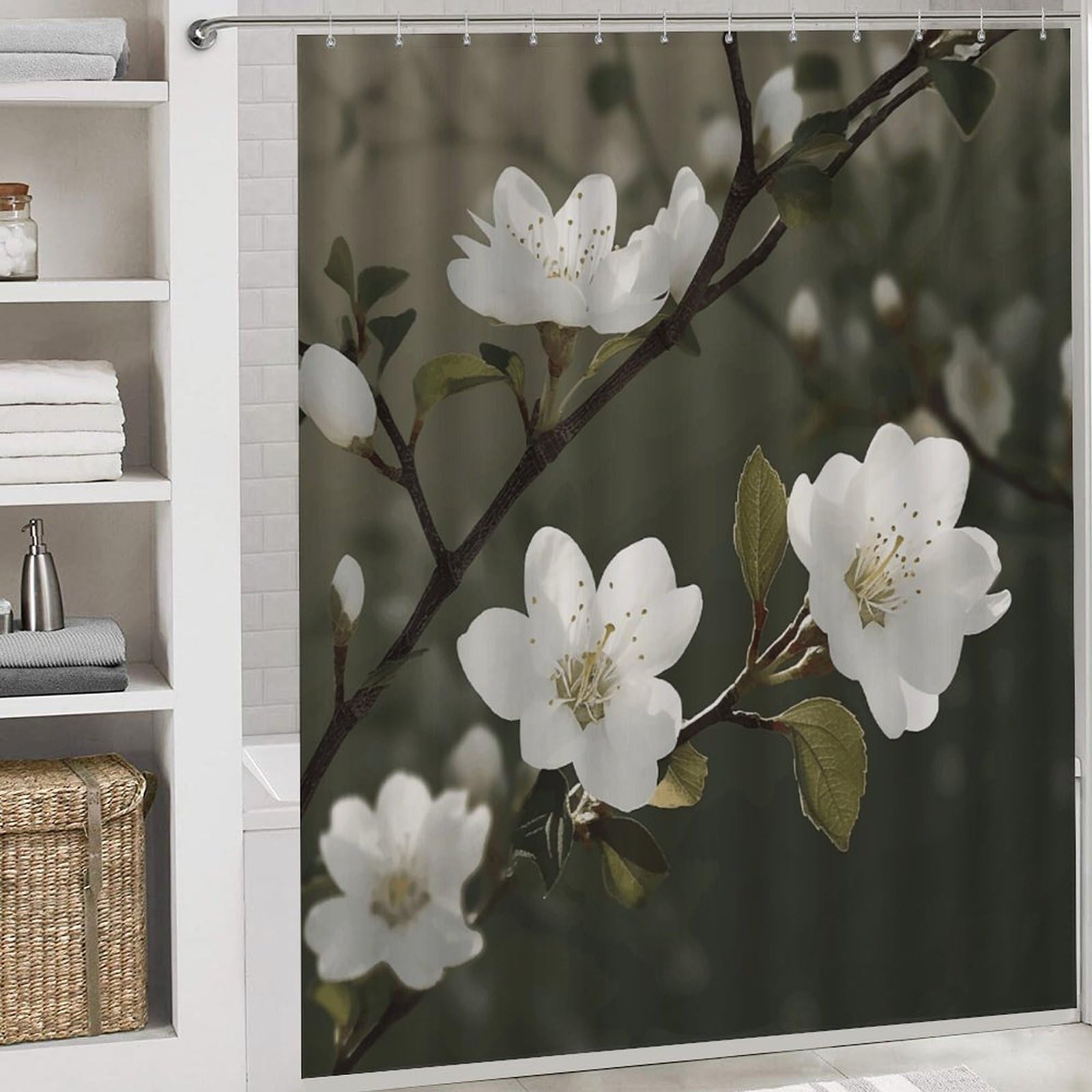 Ensemble de salle de bain 4 pièces avec rideau de douche et tapis Motif fleurs blanches