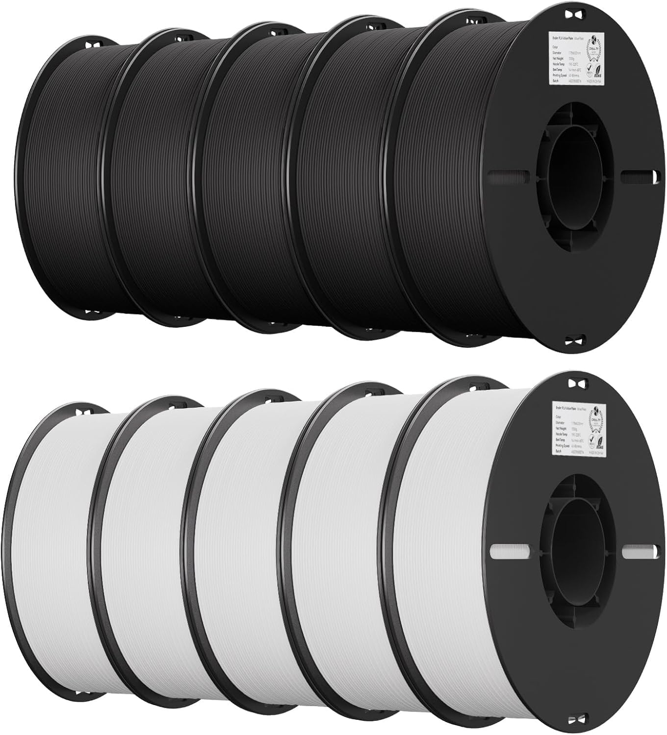 Creality Ender PLA filament 1,75 mm, 5 czarno-5 białych, zestaw 10 szpulek 1 kg, dokładność pomiaru ± 0,03 mm, filament PLA do drukarek 3D, wysoka jakość druku