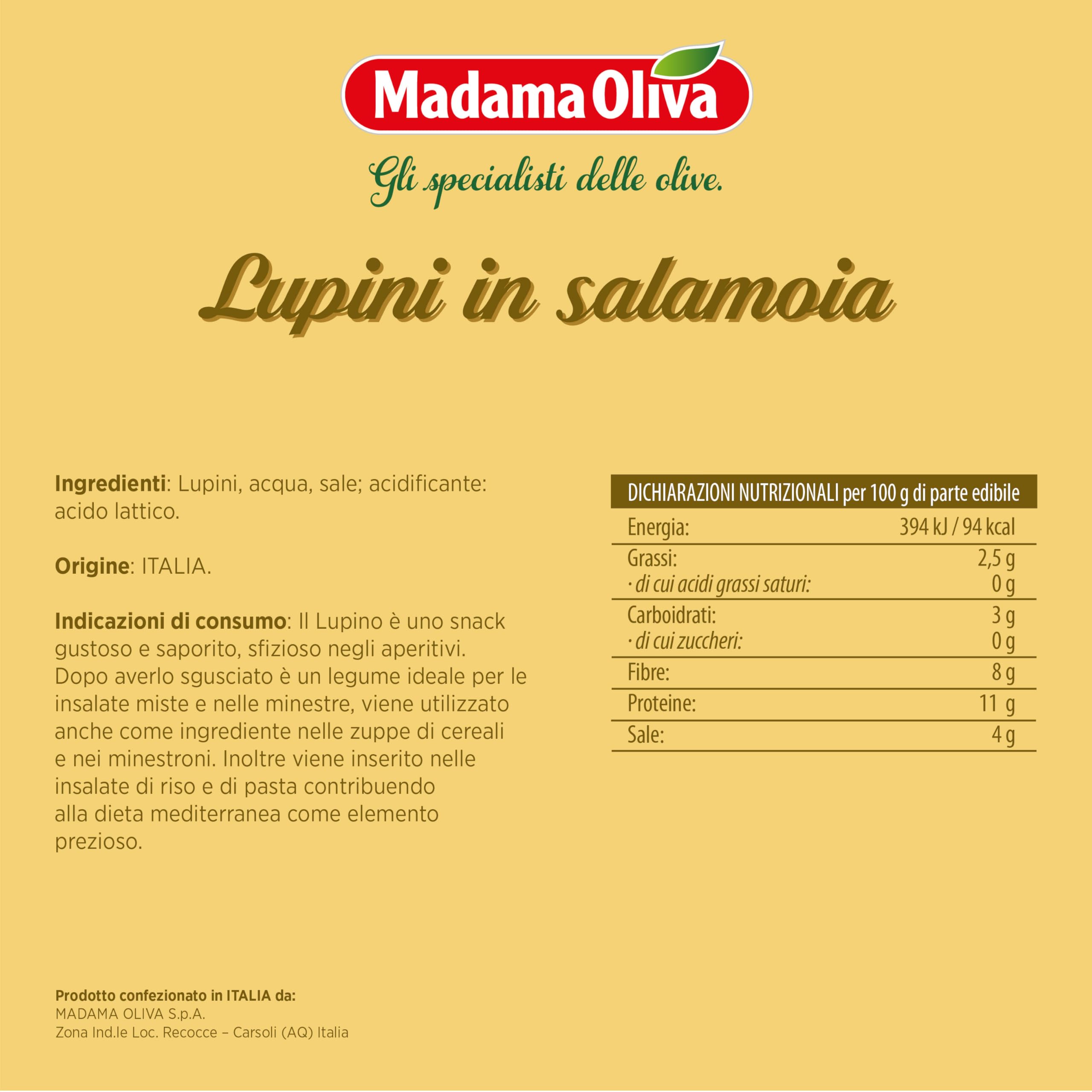 MADAMA OLIVA, Lupini in Salamoia, Ottimo Snack per Aperitivi, Ideale per le Insalate Miste e nelle Minestre, 100% Made in Italy, Box da 7 Vasi in Vetro da 320 gr