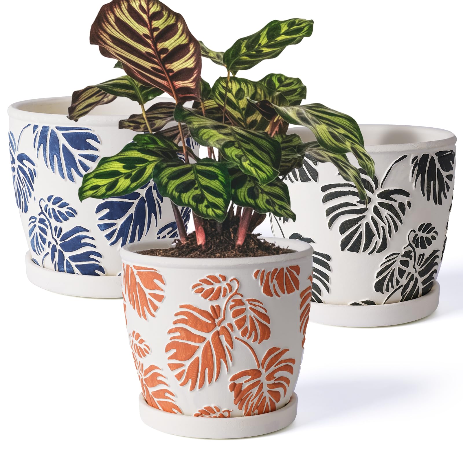 Ceramic Plant Pot, 3D Relief Sculpture Flower Pots for Indoor Plants,Nature-Inspired Design 4-inch Ceramic Planter with Drainage Screens for Cactus, Succulents Pot