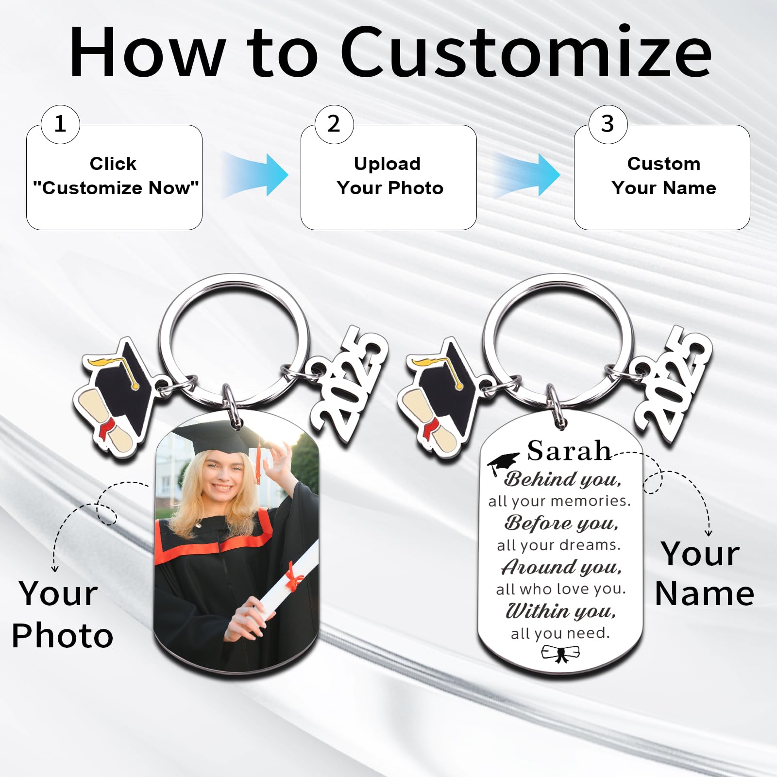 Personalized Graduation Gifts Custom Keychain with Text Photo Class of 2025 Graduation Gift Bulk High School College Senior Inspirational Gifts for Him Her Masters Degree Keychain for Teen Boys Girls