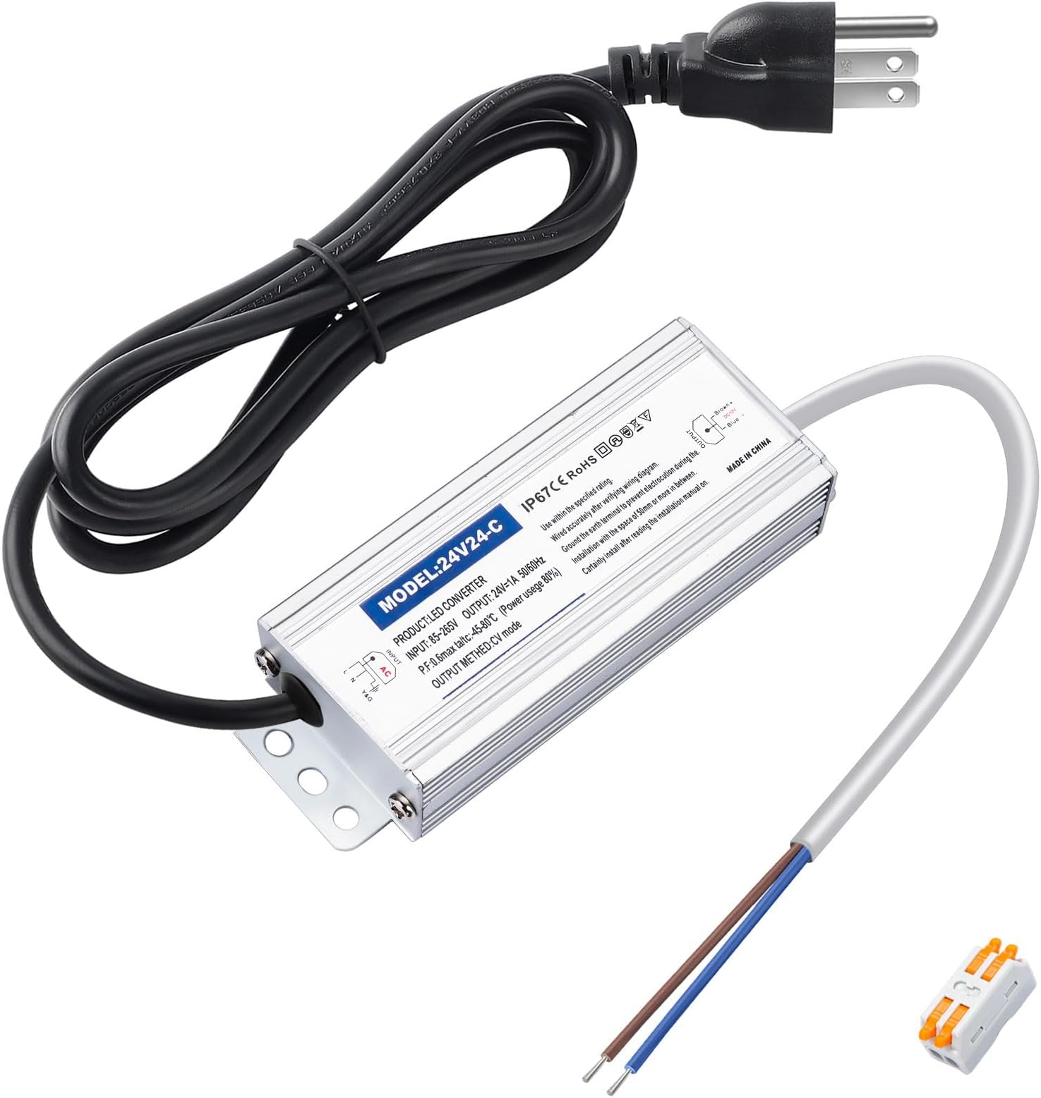 Waterproof IP67 24v Power Supply 24W 1A, LED Driver 120V AC to 24V DC Converter, with 3-Prong Plug and 4.9 Feet Cable - Ideal Power Supply for LED Strips and Lights