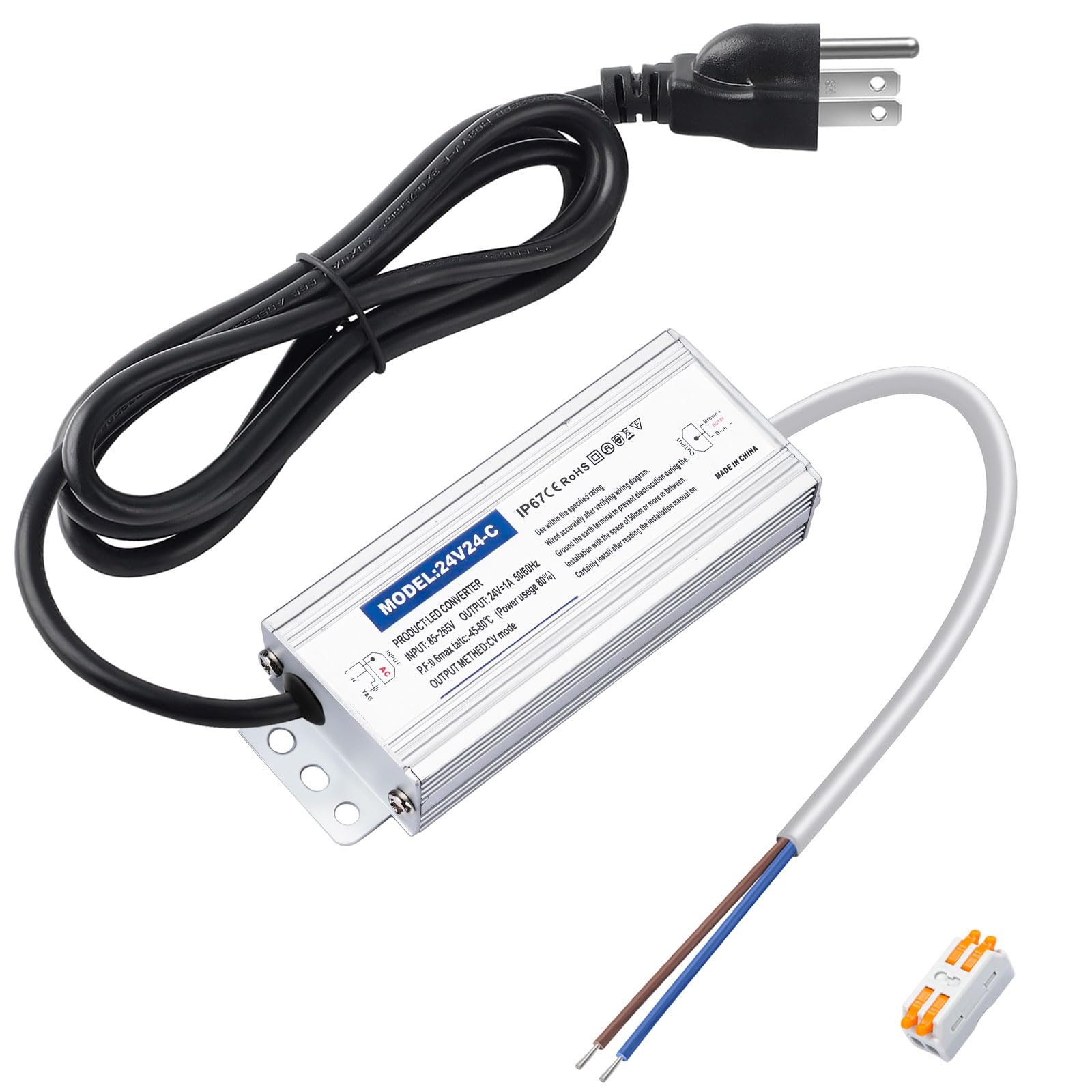 Karyoosi Waterproof IP67 24v Power Supply 24W 1A, LED Driver 120V AC to 24V DC Converter, with 3-Prong Plug and 4.9 Feet Cable - Ideal Power Supply for LED Strips and Lights