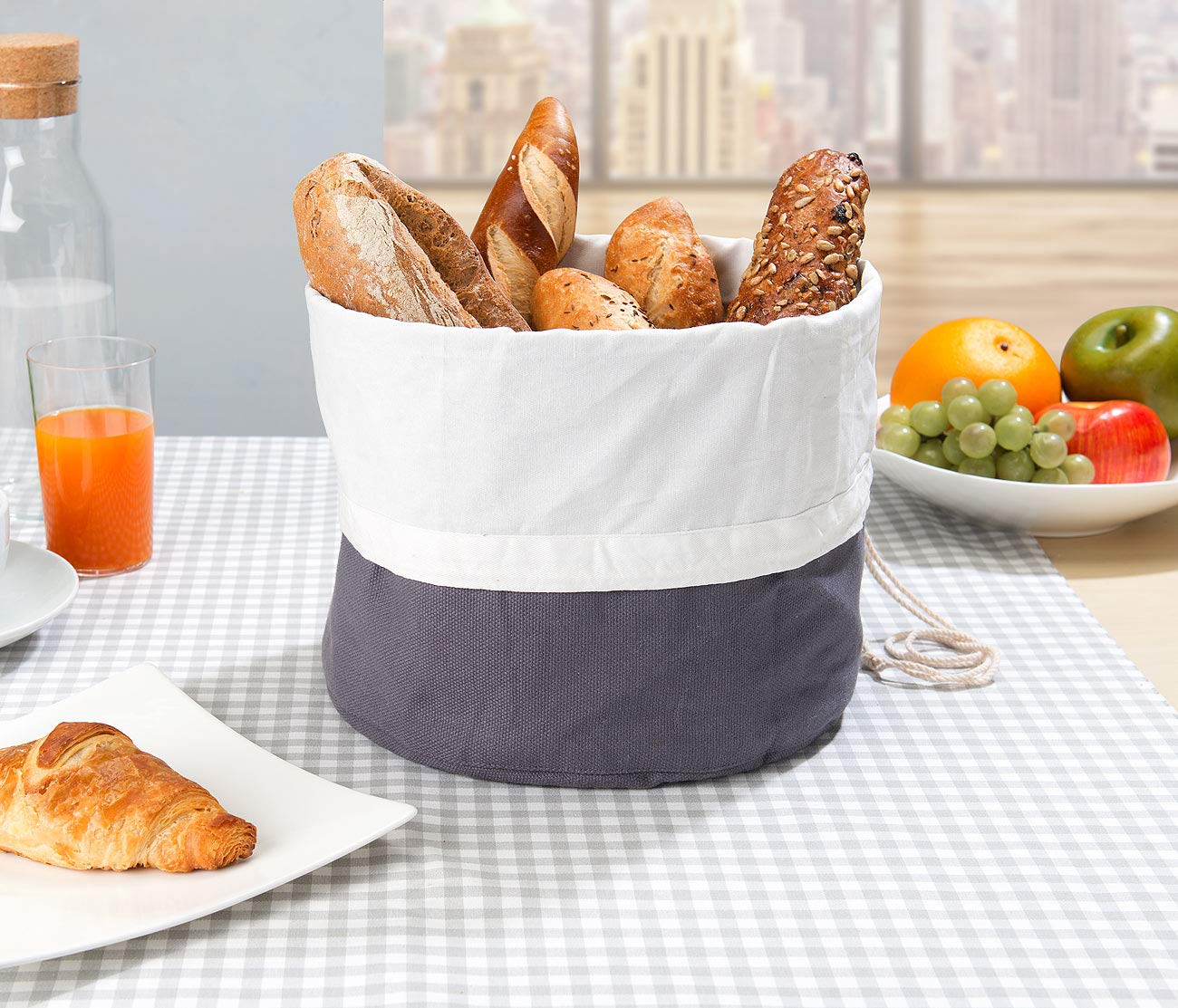 Lot De 2 Corbeilles à Pain En Tissu Coton - Diamètre 25 Cm, Hauteur Réglable, Garde Le Pain Frais, Gris/Beige
