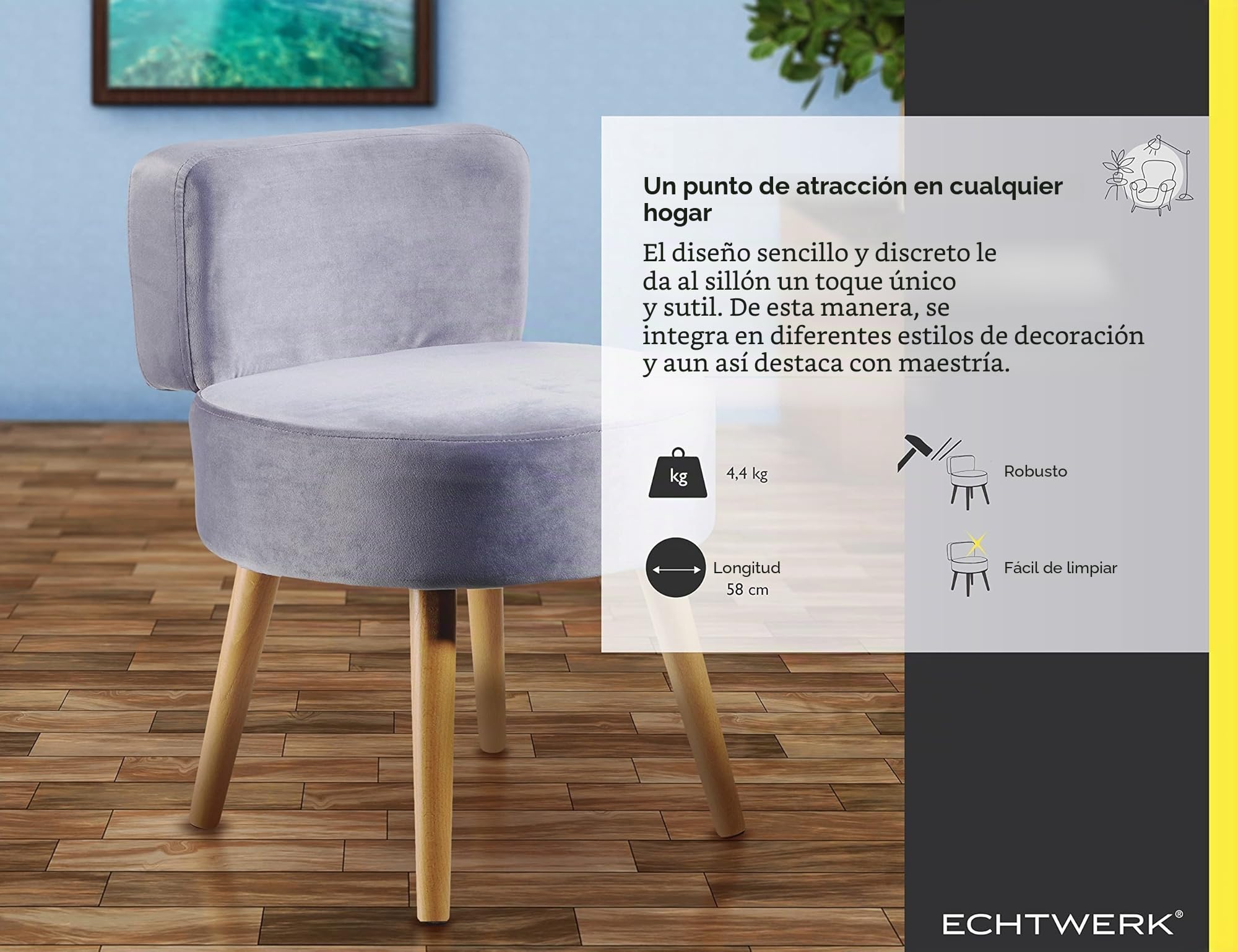 Echtwerk Sillón Milo tapizado, sillón escandinavo, silla confortable, respaldo alto, acolchado de espuma suave, para salón y rincón de lectura, patas de madera, 44 x 58 cm, 4 kg, color gris