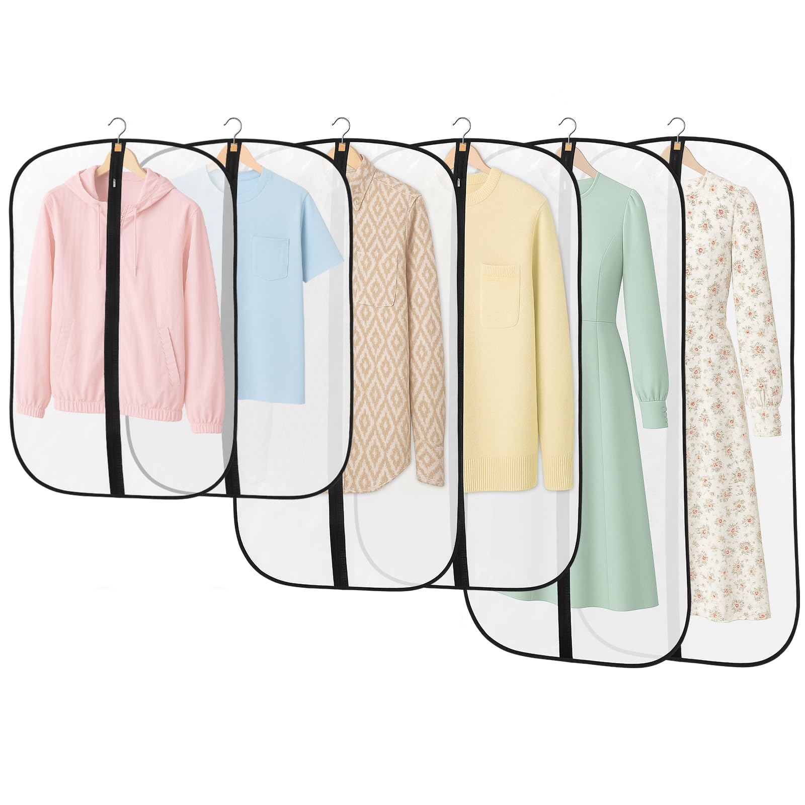 6 Pack Clothes Cover Protector Bags, 2pack 120cm + 2pcs 100cm + 2pcs 80cm, PEVA Translucent Garment Covers, Suit Storage Bags, Dress Organizer Bags Used To Wardrobe Storage or Travel