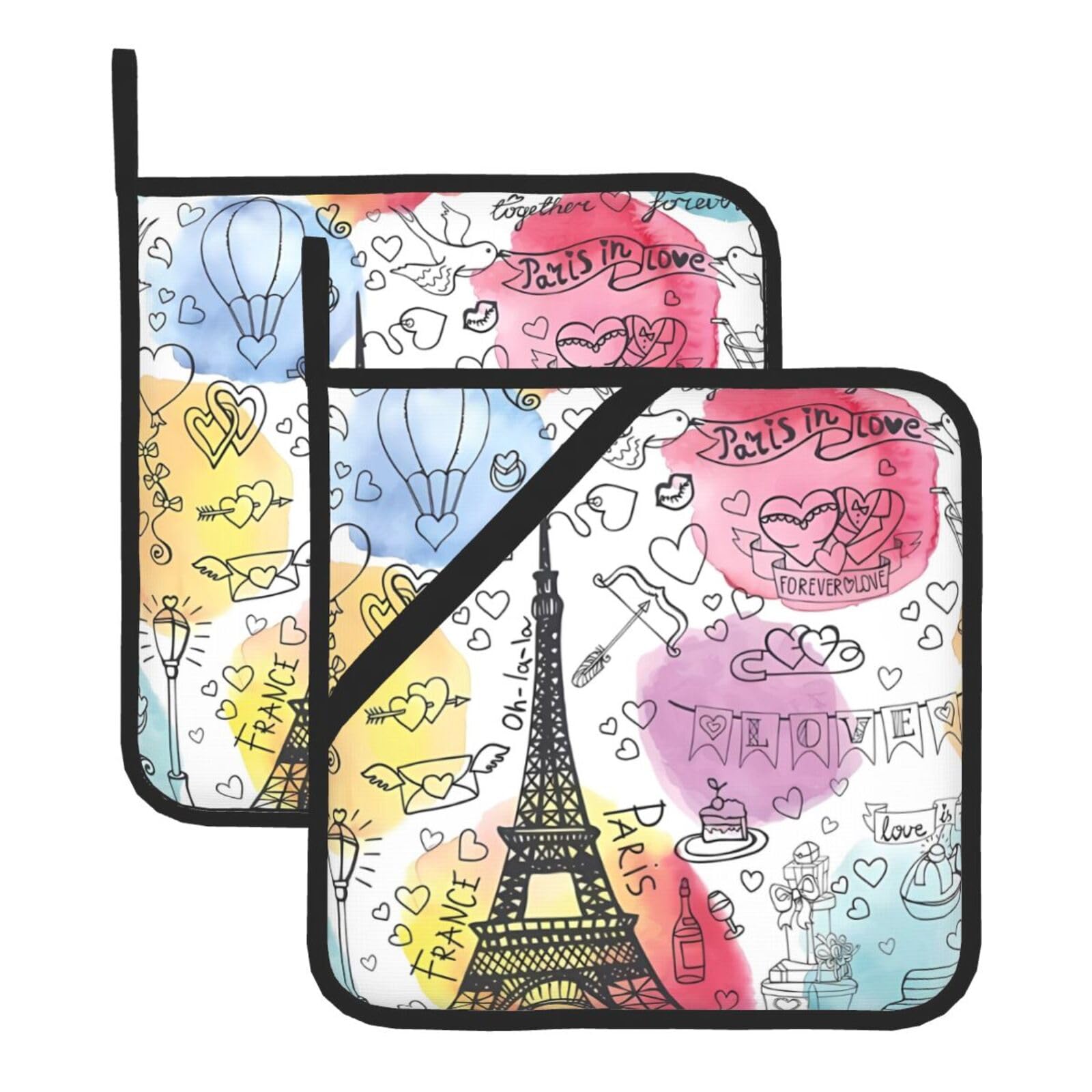 WHJSHOP French Paris Tour Eiffel Tower Prints Square Pot Holders - Waterproof Heat Resistant Kitchen Throw Pads for Hot Bowls & Dishes, Durable Oven Mitt Layers with Hanging Loop - Set of 2