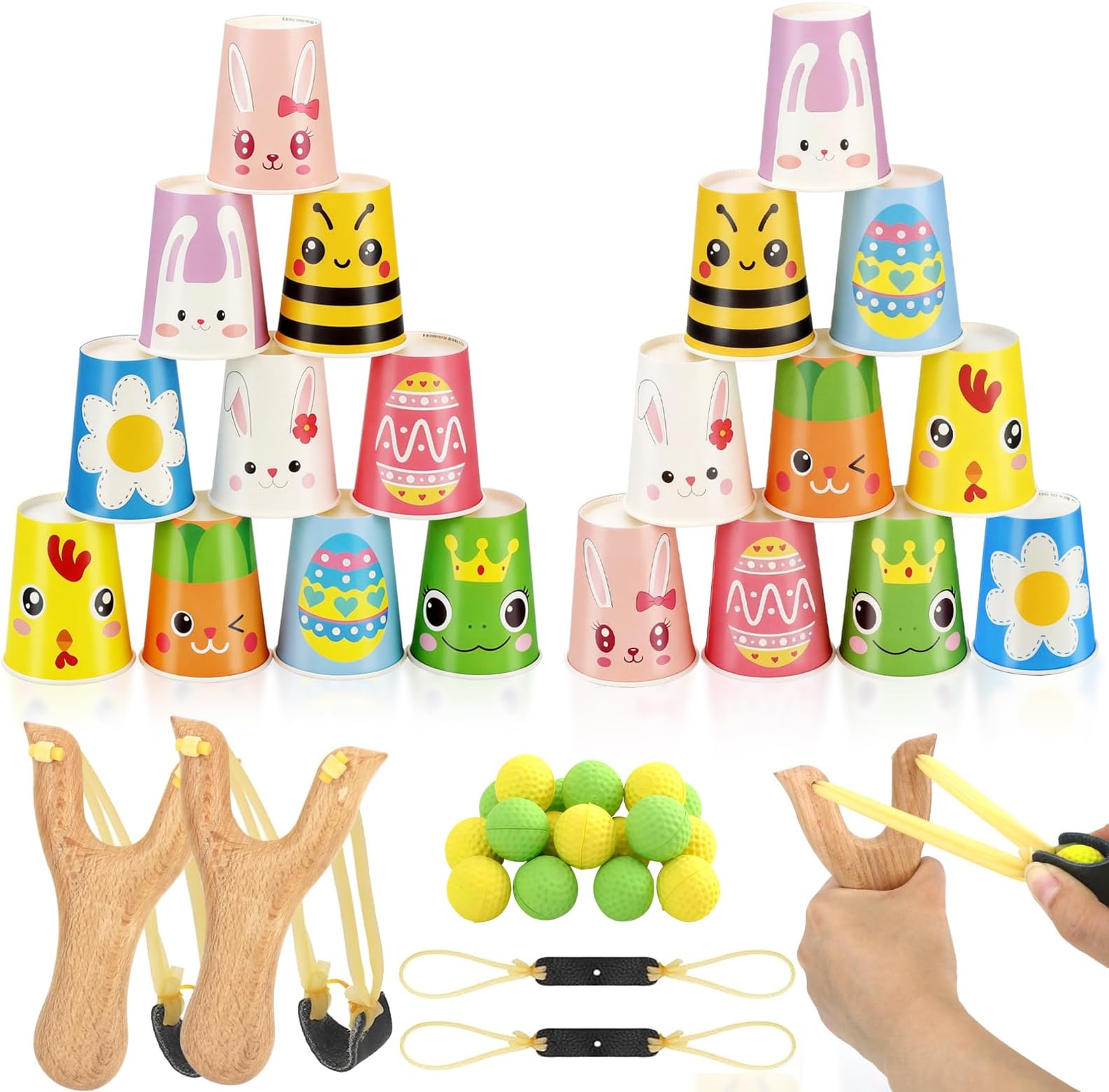 Easter Games Stacking Cups Set, Easter Activities with 24 Cup 2 Wooden Catapults 2 Spare Rubber Band & 10 Foam Balls, Easter Toss Games for Adult Indoor Outdoor Family Yard Carnival Party Supplies