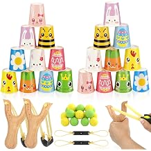 Easter Games Stacking Cups Set, Easter Activities with 24 Cup 2 Wooden Catapults 2 Spare Rubber Band & 10 Foam Balls, Easter Toss Games for Adult Indoor Outdoor Family Yard Carnival Party Supplies