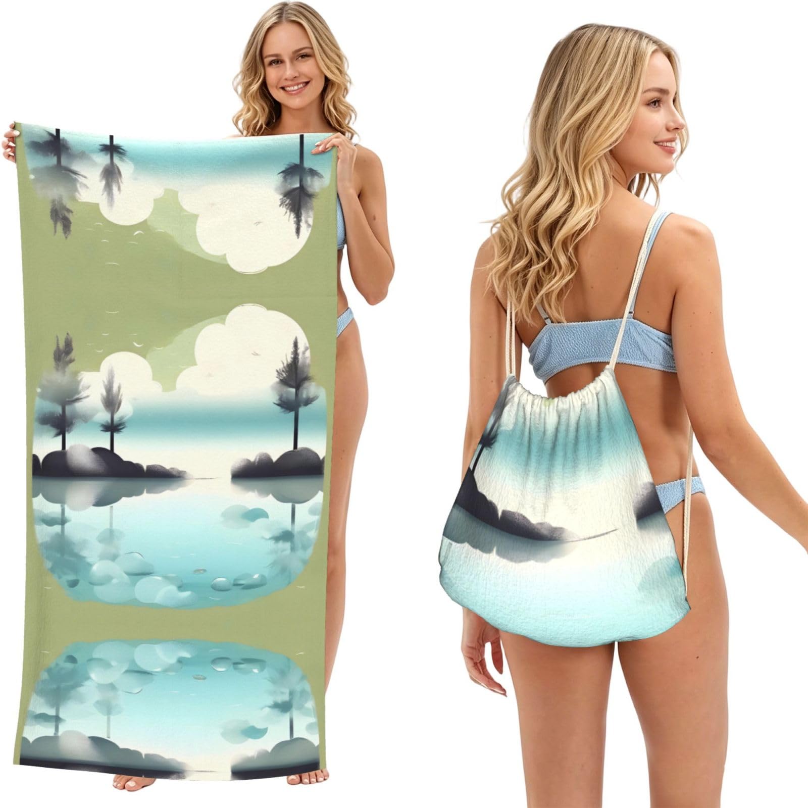 SXZVVBN Tranquil Lakes 2-in-1 Beach Towel Bag, Quick Dry Sand Free Travel Towel Backpack for Adults