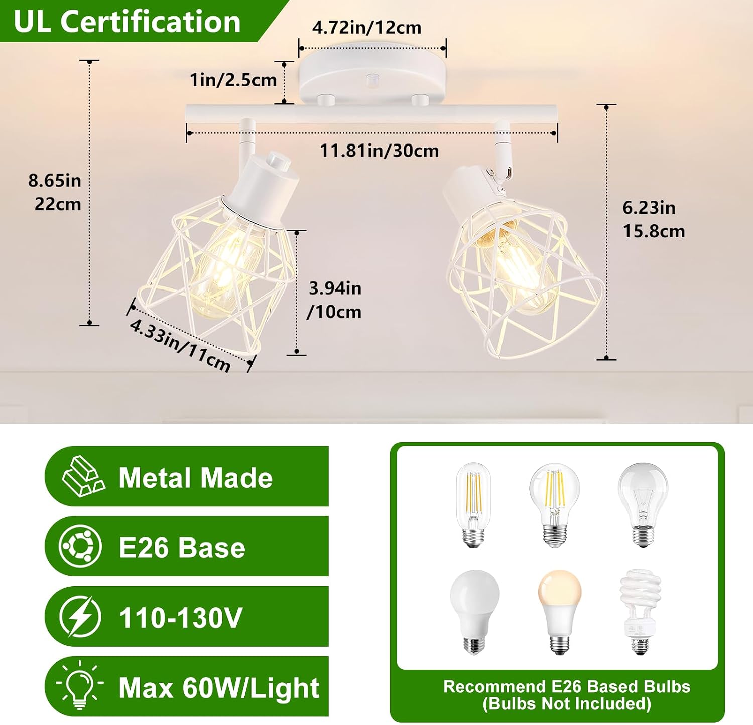 Baocuz 2-Lights White Kitchen Track Lighting, Adjustable Multi-Directional Ceiling Light Fixtures, Rotatable Farmhouse Light Fixtures Mount with Metal Cage for Dining Room, Living Room, Bedroom image 2