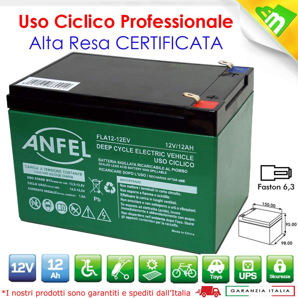 KIT 4 BATTERIE AL PIOMBO RICARICABILE 12V 48V 12AH CICLICA USO CICLICO BICI BICICLETTE ELETTRICHE MONOPATTINI QUAD ELETTRICI TRAZIONE ELETTRICA CONNETTORI FASTON 6,35mm DEEP CYCLE 6-DZM-12 6DZM12