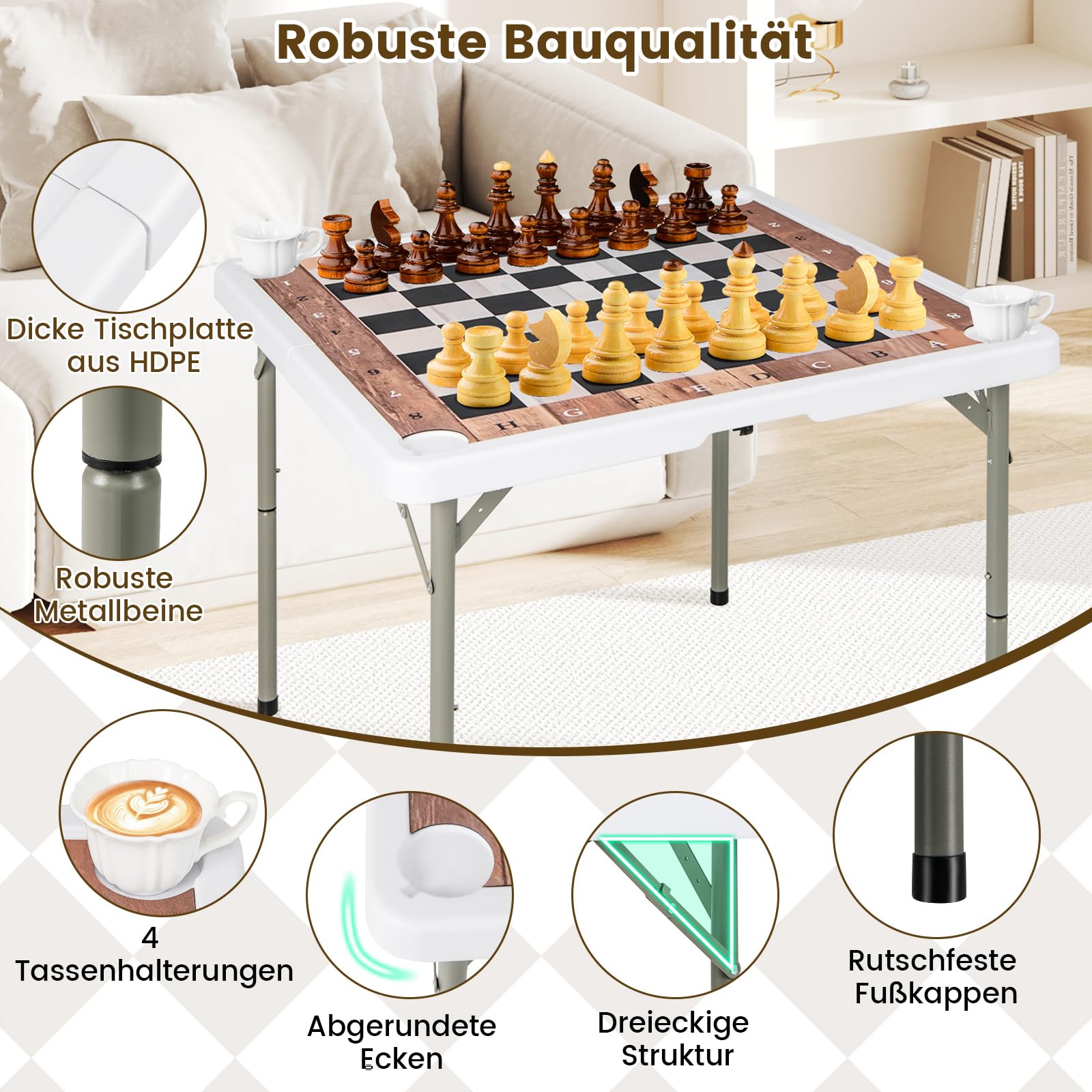 COSTWAY Schachtisch klappbar, 90 x 90 cm Schachspiel mit abnehmbarem Tischmatte & 4 Getränkehaltern, Schachbrett tragbar mit Tragegriff für Kinder Erwachsene Party Reisen