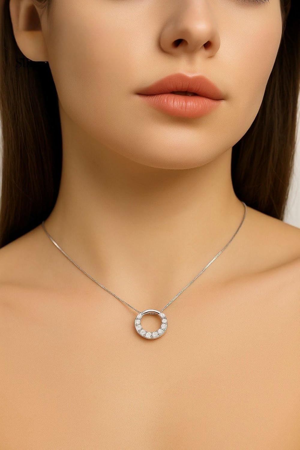 925 Sterling Silver Minimalist Plated Circle Pendant Necklace, Rhodium Plated with High-Clarity Zirconia, Adjustable Chain 17.7–19.7 in | Elegant Everyday Gift Jewelry for Women - Image 4