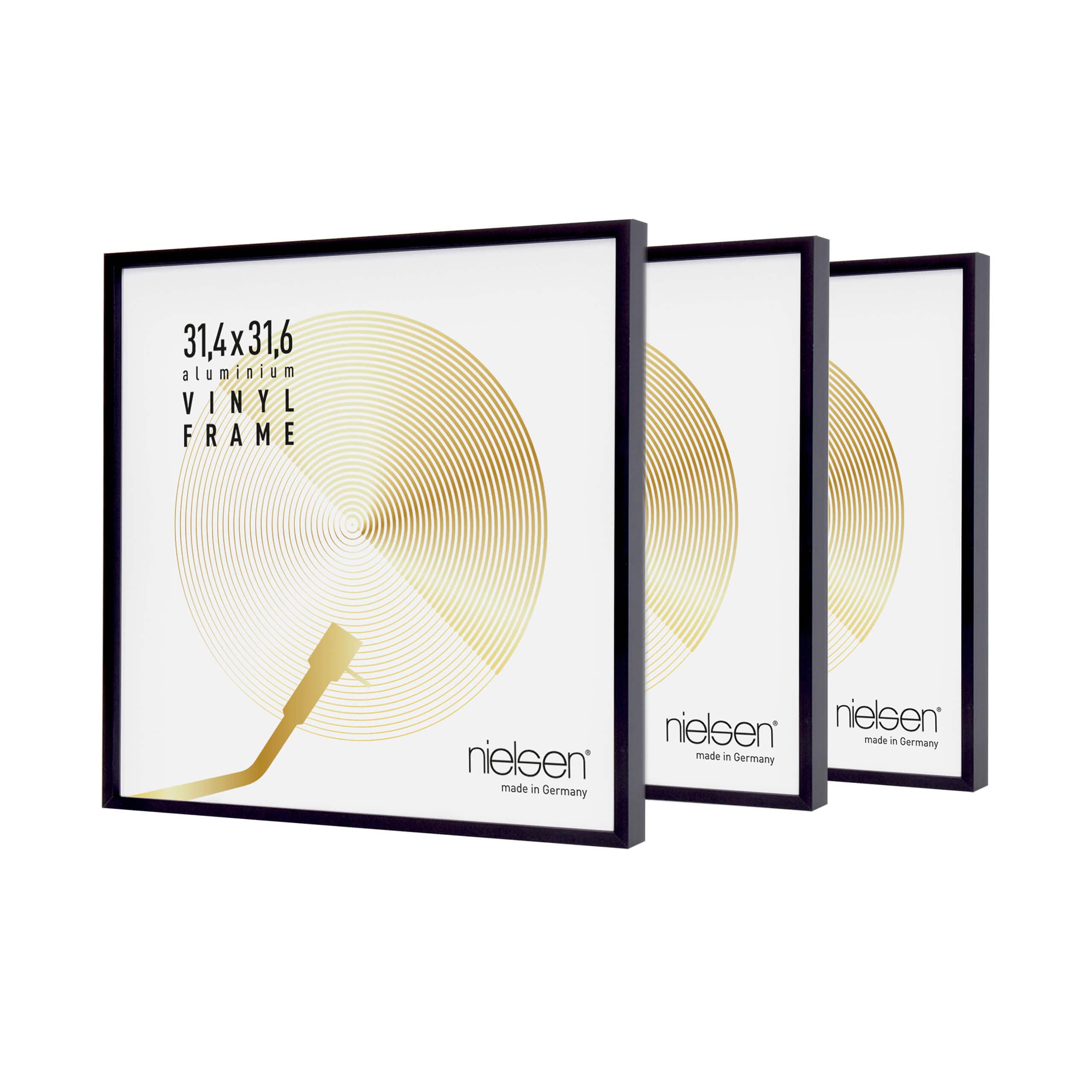 nielsen marco para discos de vinilo, 31,4 x 31,6 cm (juego de 3), Aluminio, Negro mate, Marco para vinilopara colgaren formato vertical y apaisado, vidrio sintético irrompible, Vinyl Alu
