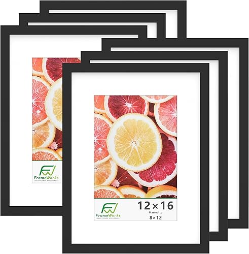 FrameWorks Marcos de fotos clásicos de madera de 12 x 16 a 8 x 12 pulgadas con vidrio templado, color negro, paquete de 6