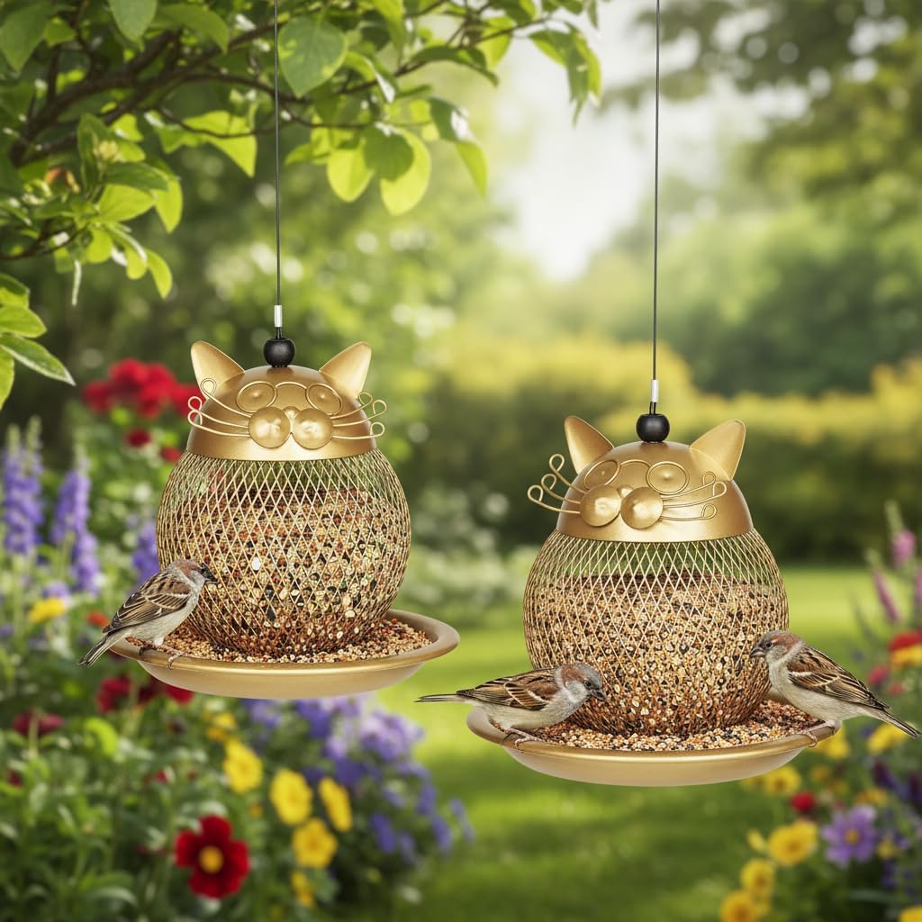 CEDAR ALPHA Cat Grandpa Wild Bird Feeder Squirrel Proof Hanging Bird Feeder for Outside, Peanut and All Kinds of Seeds,Yard Garden Decor,Set of 2, Color: Gold