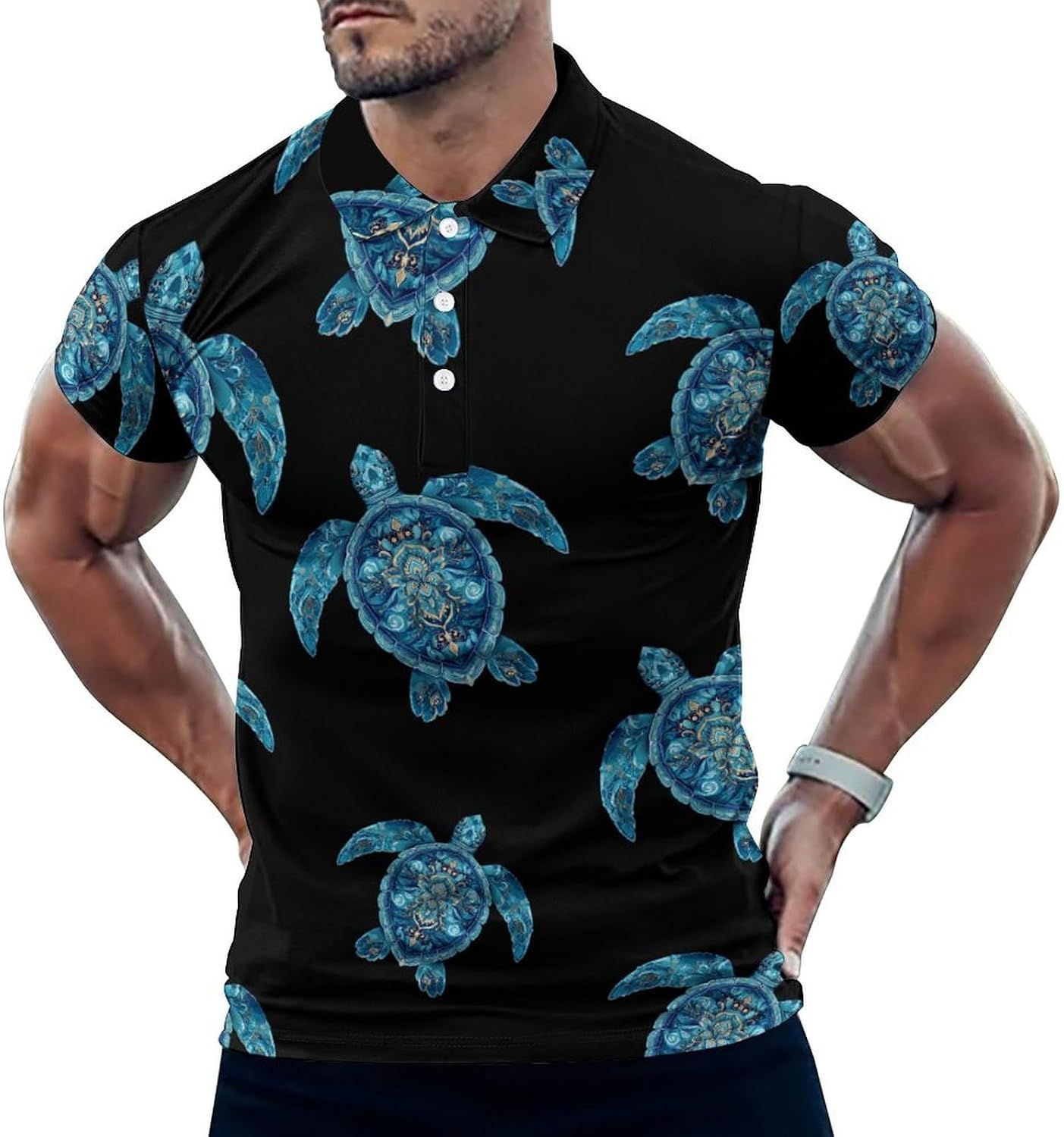 Sea Turtle Boho Turquoise Men's Polo Golf Shirts Collared T-Shirt | short sleeve,three button,quick dry,machine washable,summer tee top