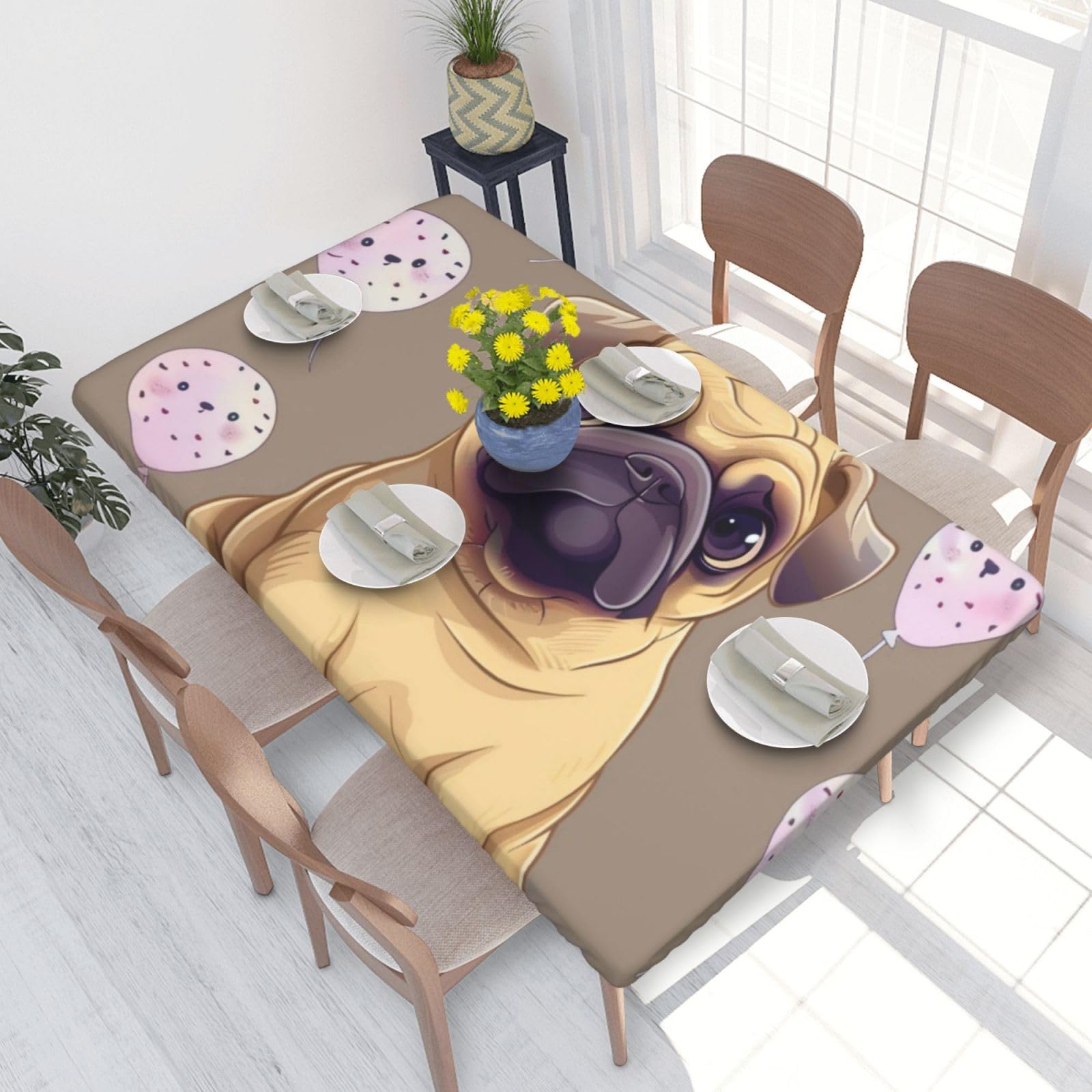 WPKJU Funny Cartoon Pug Puppy Dog Printed Tablecloths 4ft Rectangular Table Covers Washable Polyester Decorative Table Cloth for Dining Table Picnic Wedding