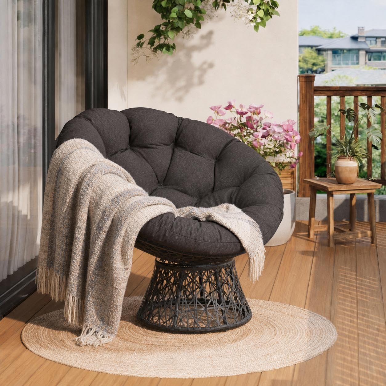 Papasansessel, bequemer Drehsessel, dickes Kissen, ergonomischer Rattansessel, 360° drehbarer Loungesessel, runder Relax Korbsessel, stabiler Stahlrahmen, für Wohnzimmer, Leseecke, Lounge, grau