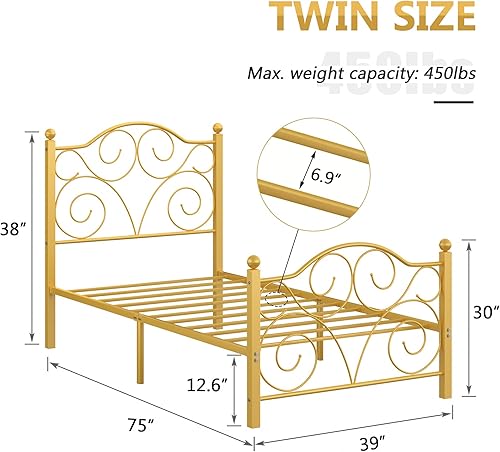 Miniatura 64 de VECELO Base de cama tamaño individual con cabecero y estribo, soporte de listones de metal resistente, base de colchón de plataforma, no necesita