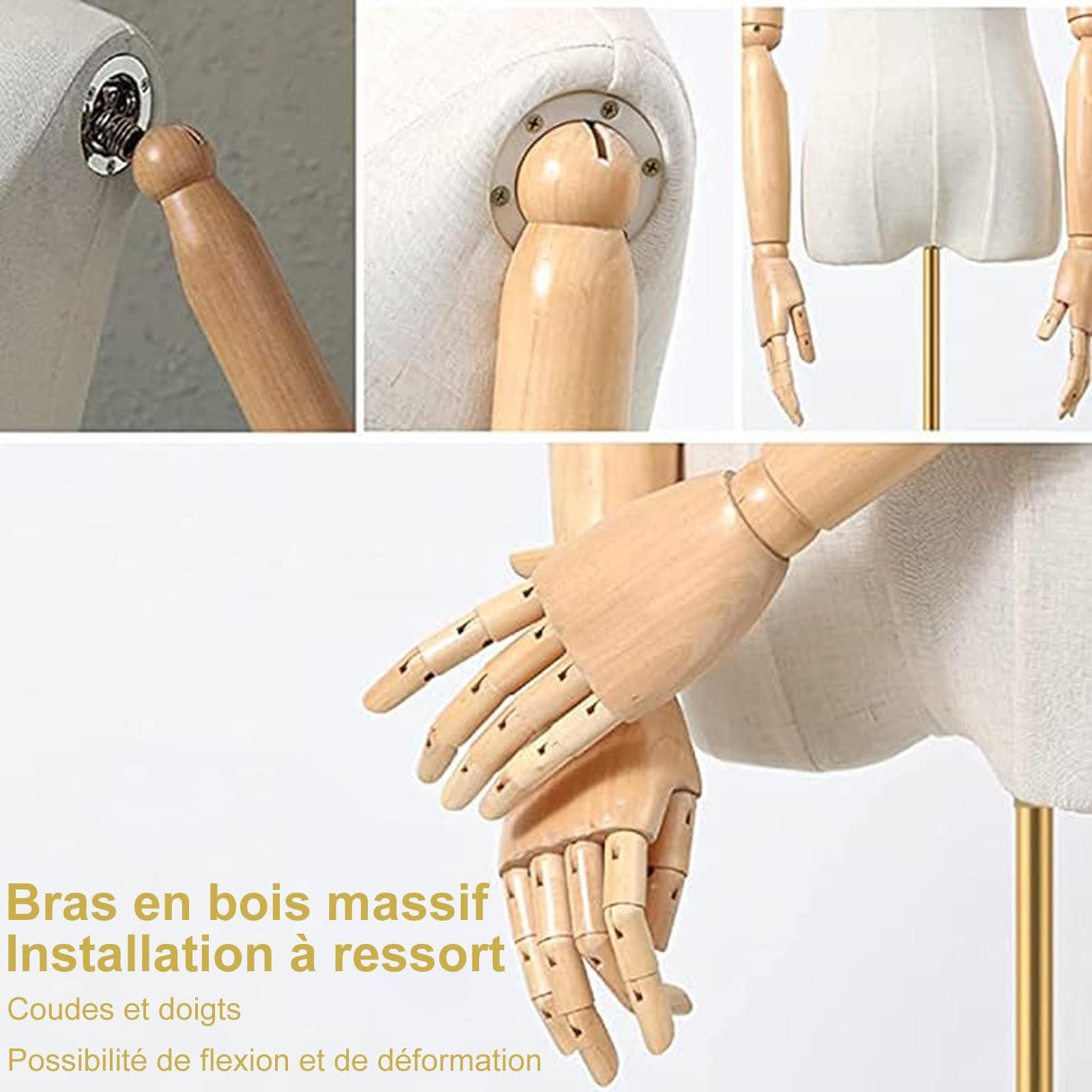 Mannequin de vitrine féminin en forme de torse, affichage du corps avec tête amovible, mains en bois et or réglable en hauteur de 140 à 200 cm, pour robe et bijoux, beige
