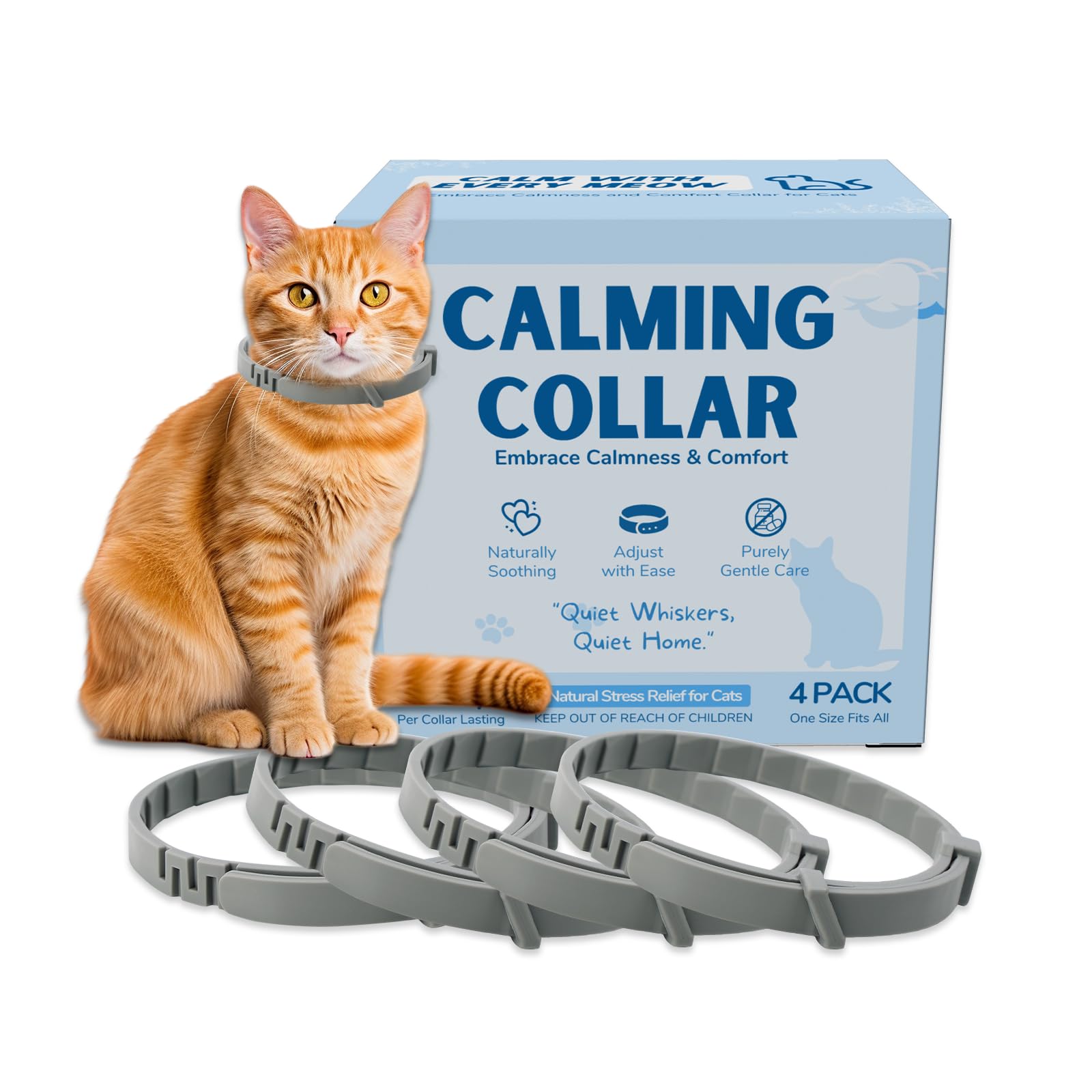 VirineCalming Collar for Cats Pheromones Anxiety Relief Calming Collar Cat Relaxer 4 Pack, 60 Days of Calming Each Collar, Adjustable Size for All Cats