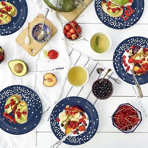 Miniatura 7 de Gudvilla Juego de 168 platos de papel azul marino con puntos plateados para 24 invitados, platos de fiesta, tazas y servilletas para cumpleaños,