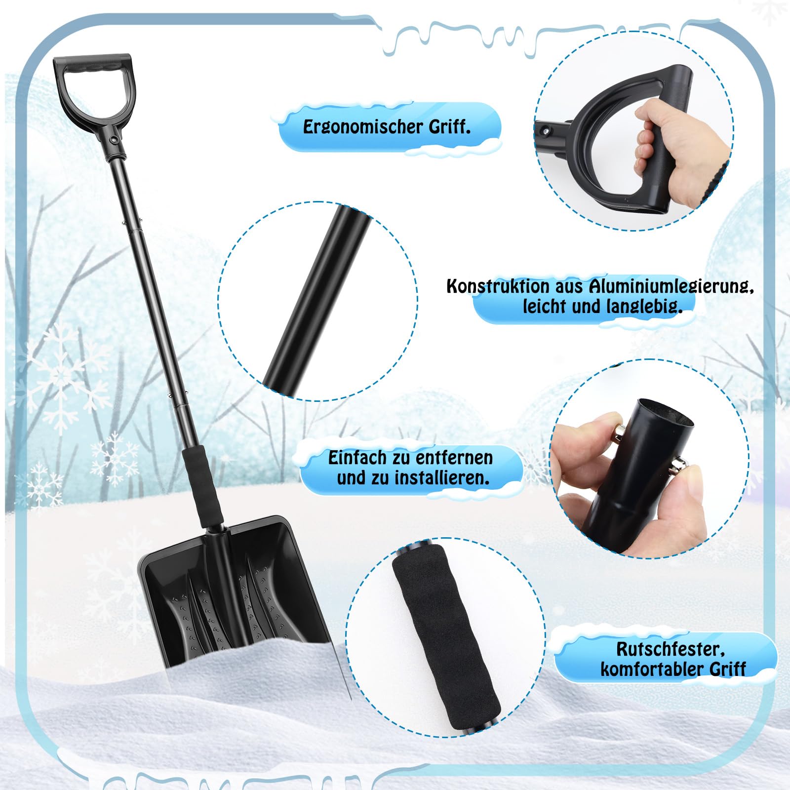 Pelle à neige en plastique avec manche en métal, pelle à neige avec 4 pièces, design amovible, légère pour voiture, trottoir et terrasse