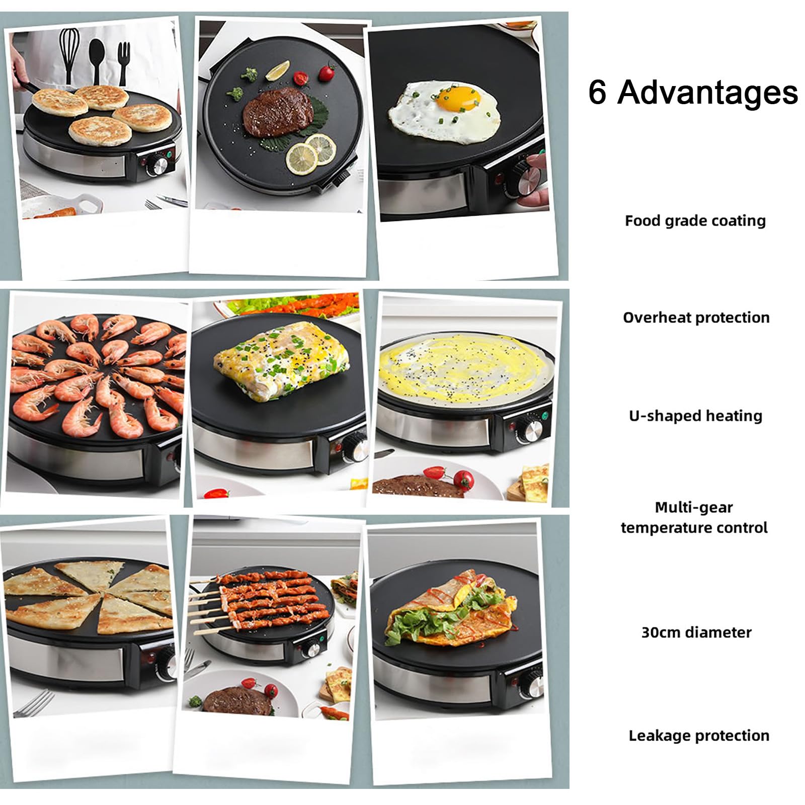 Macchina Per Pancake Multifunzionale, Macchina Per Pancake E Frutta Antiaderente, Diametro 30 CM+Regolazione Continua Della Temperatura+Teglia Integrata Per Uso Alimentare, Per Ristoranti ,Metallic