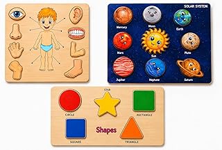 Product image for Wooden Human Body, Solar System & Shapes Puzzle Board Set