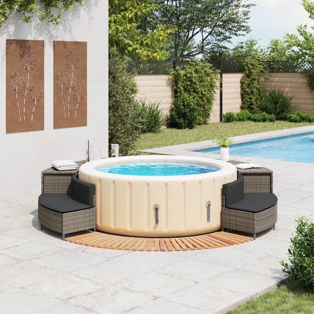Lot de 2 bords de spa en rotin synthétique gris avec bois d'acacia massif, banc et escalier, coussins de siège amovibles, résistants aux UV, accessoires de piscine de jardin pour l'entretien