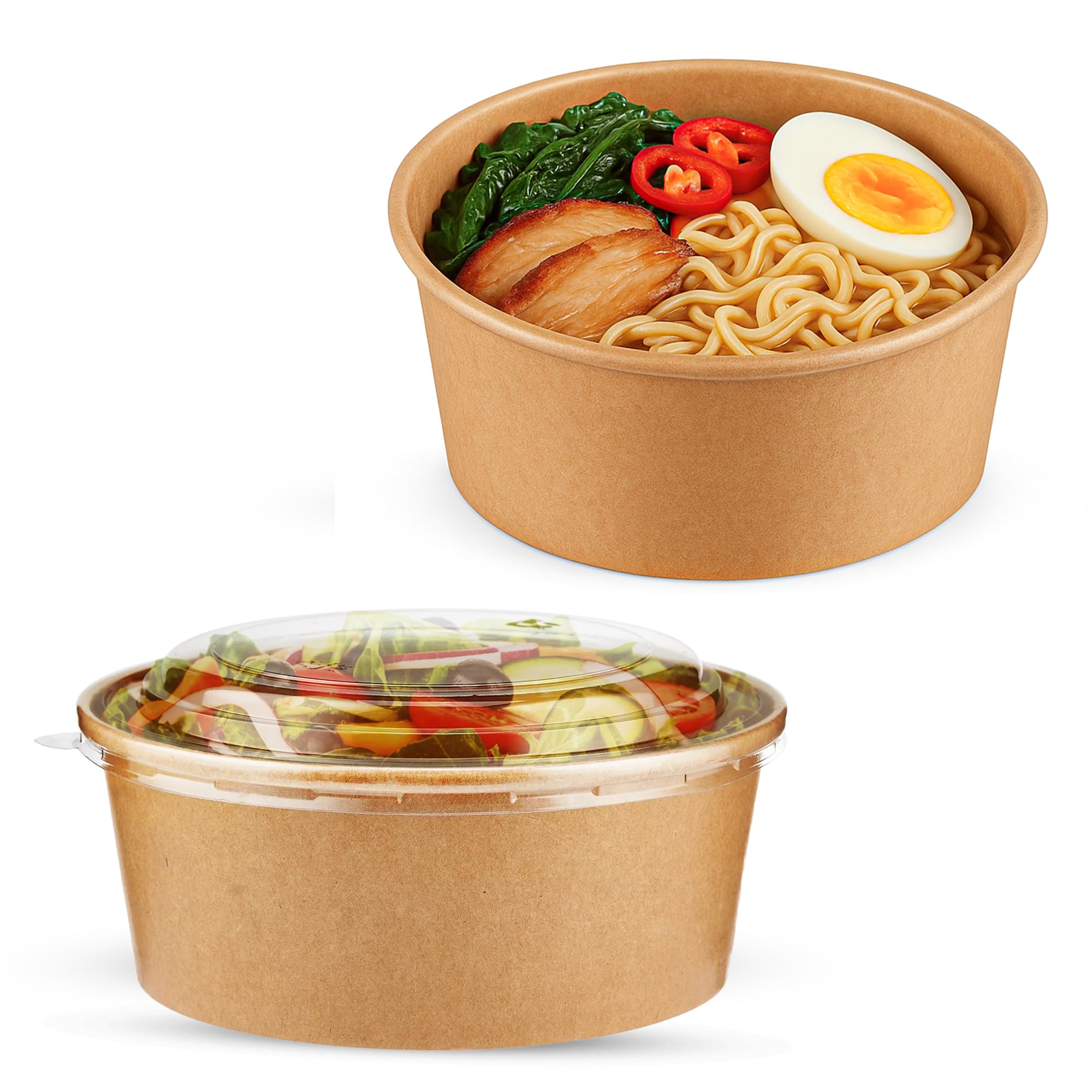 10x 750ml Kraft Salad Paper Bowls with Lids - Takeaway Containers for Hot/Cold Food - Leakproof Soup Containers - Carboard Packaging Bowls