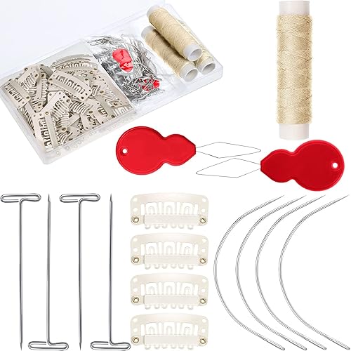Miniatura 7 de Juego de 85 extensiones de cabello con clip, incluye 50 clips a presión en forma de U, 10 agujas curvas, 20 pines en T, 3 rollos de hilo de tejer, 2
