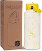 Goetland Ribbon Water Bottle with Straw Lid 32 oz Stainless Steel Wide Mouth Vacuum Double Insulated Drinking Cup Cute Leakproof UV Printing for Women Girls Lemon