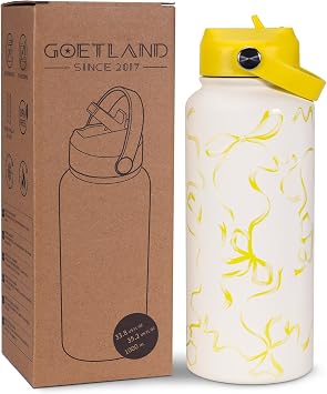 Goetland Ribbon Water Bottle with Straw Lid 32 oz Stainless Steel Wide Mouth Vacuum Double Insulated Drinking Cup Cute Leakproof UV Printing for Women Girls Lemon