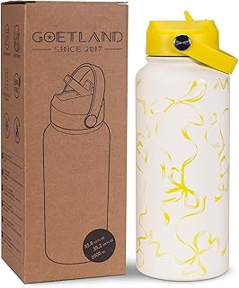 Goetland Ribbon Water Bottle with Straw Lid 32 oz Stainless Steel Wide Mouth Vacuum Double Insulated Drinking Cup Cute Leakproof UV Printing For Women Girls Lemon