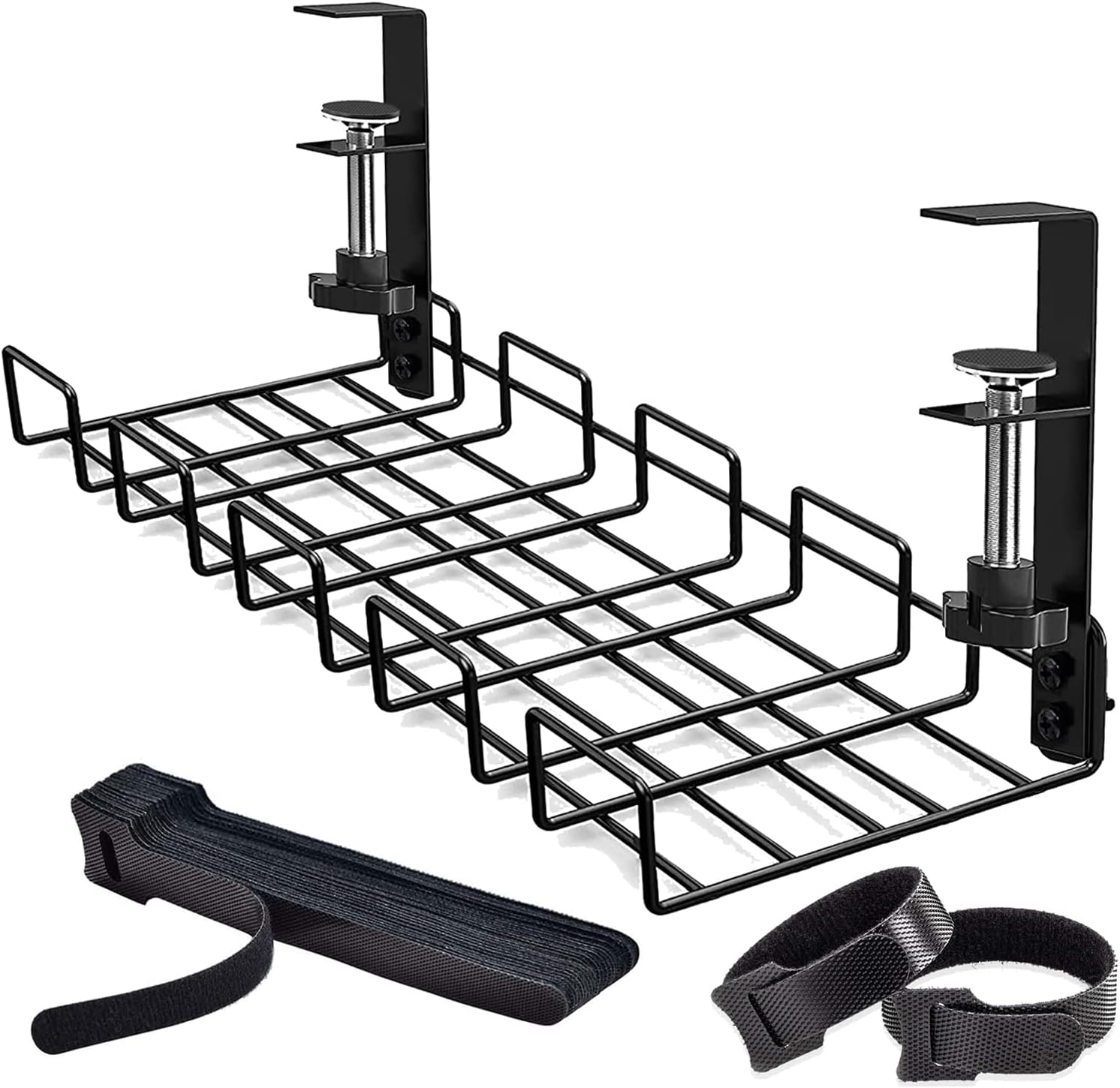 Under Desk Cable Management Tray, No-Drill Under Desk Cable Organizer for Wire Management Desk Cable Rack with 20 PCS Reusable Cable Ties Metal Under Desk Cord Organizer for Office and Home