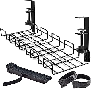 Under Desk Cable Management Tray, No-Drill Under Desk Cable Organizer for Wire Management Desk Cable Rack with 20 PCS Reusable Cable Ties Metal Under Desk Cord Organizer for Office and Home (Black)