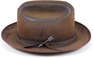 Wide Brim Fedora Hats for Men Women 100% Wool Felt Panama Rancher Hat with Lightning Logo Distressed/Burned Handmade